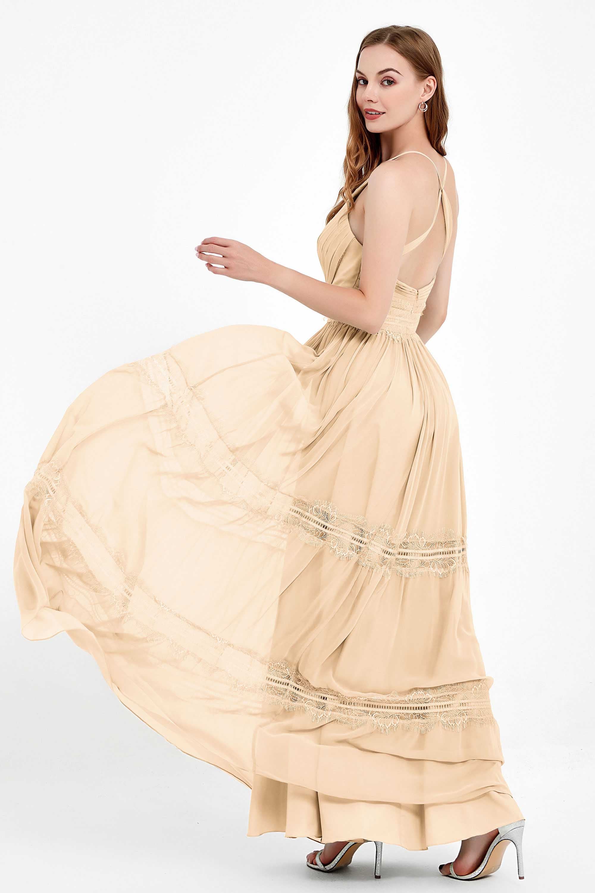 Spaghetti Straps V Neckline Chiffon Lace Bridesmaid Dresses Women's Formal Evening Gowns