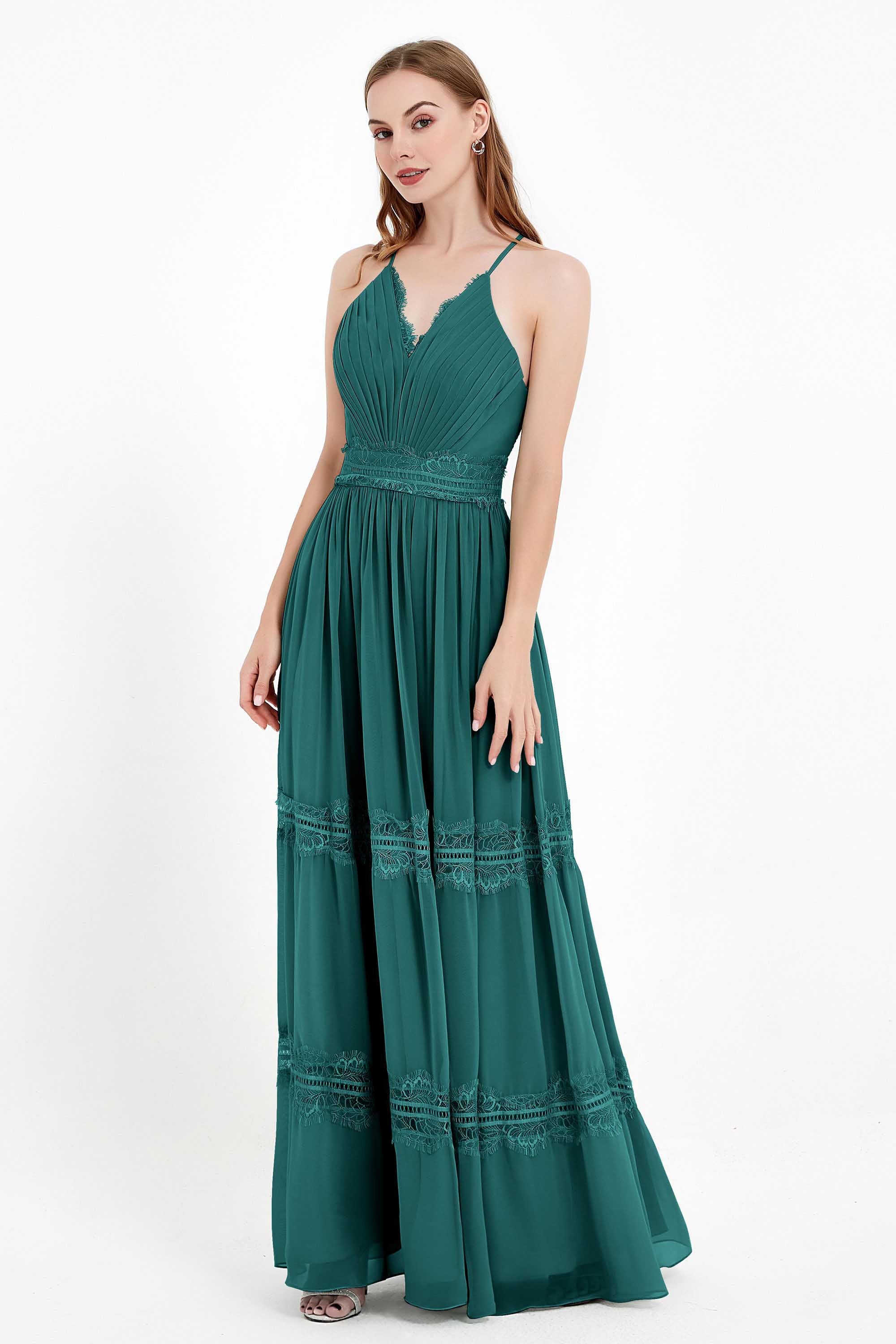 Spaghetti Straps V Neckline Chiffon Lace Bridesmaid Dresses Women's Formal Evening Gowns
