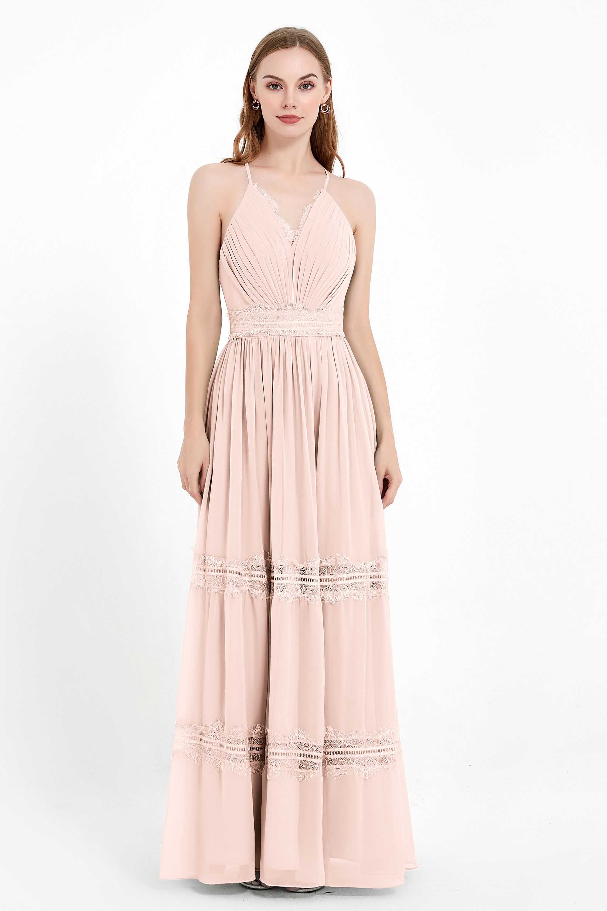Spaghetti Straps V Neckline Chiffon Lace Bridesmaid Dresses Women's Formal Evening Gowns