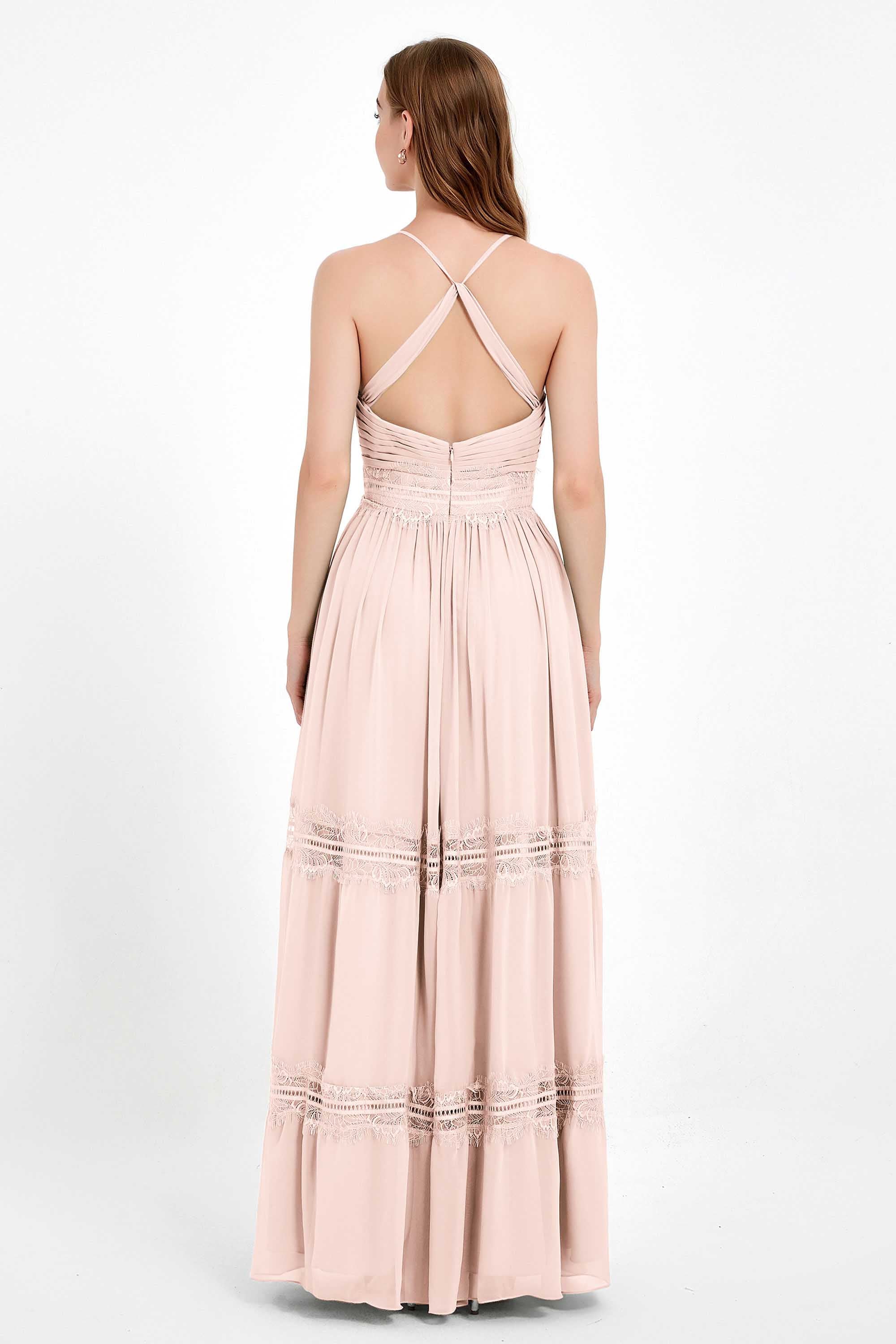 Spaghetti Straps V Neckline Chiffon Lace Bridesmaid Dresses Women's Formal Evening Gowns