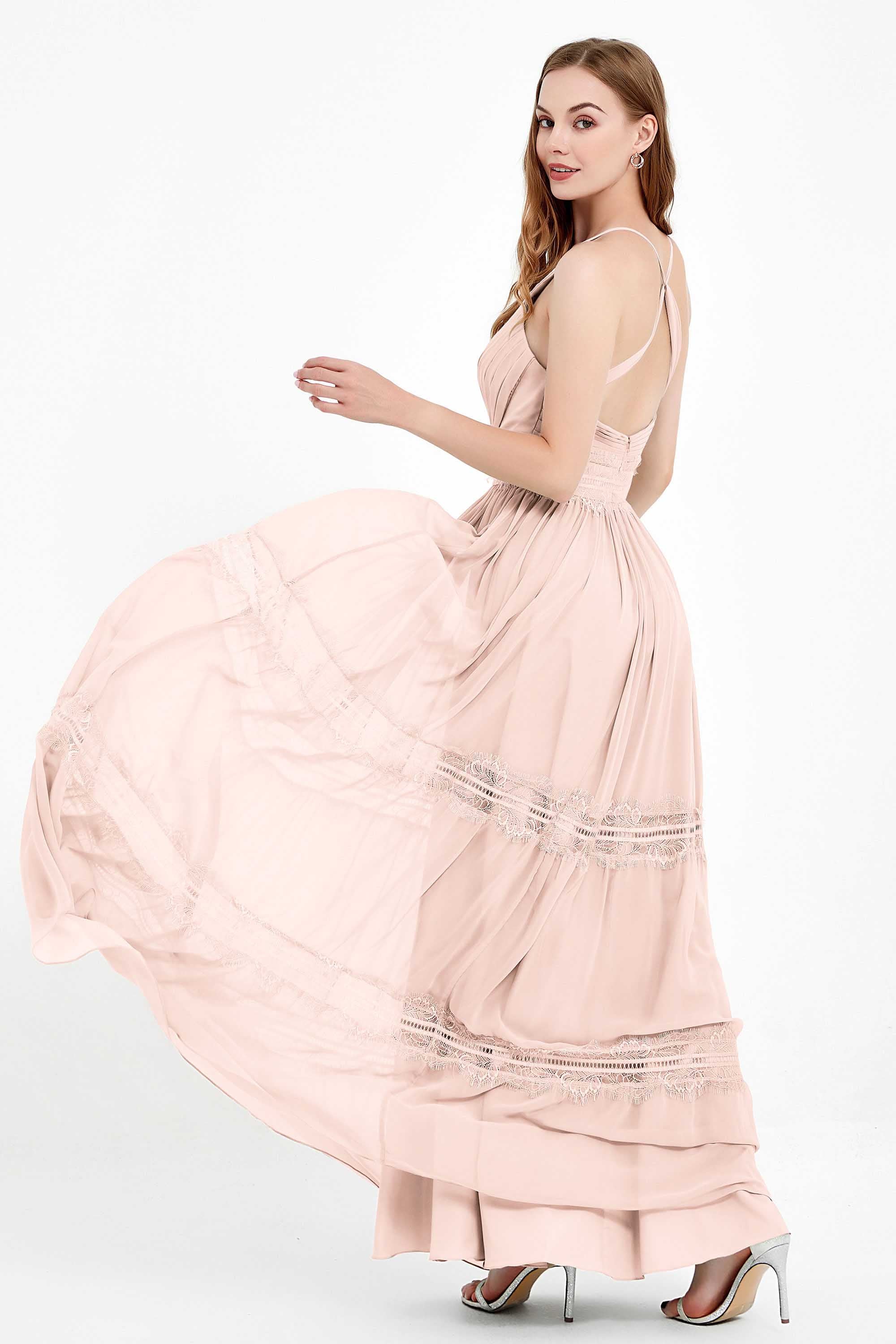 Spaghetti Straps V Neckline Chiffon Lace Bridesmaid Dresses Women's Formal Evening Gowns