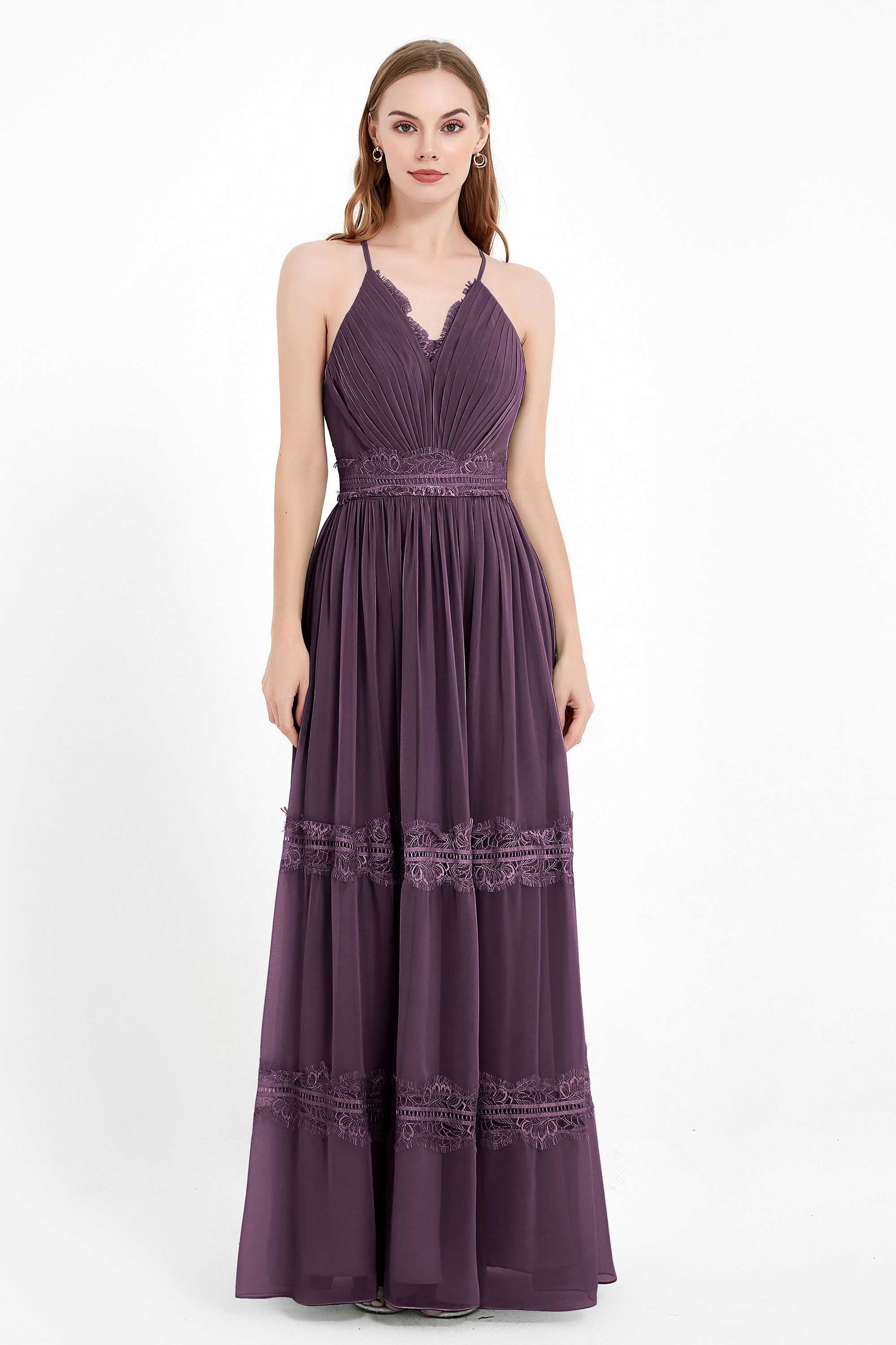 Spaghetti Straps V Neckline Chiffon Lace Bridesmaid Dresses Women's Formal Evening Gowns
