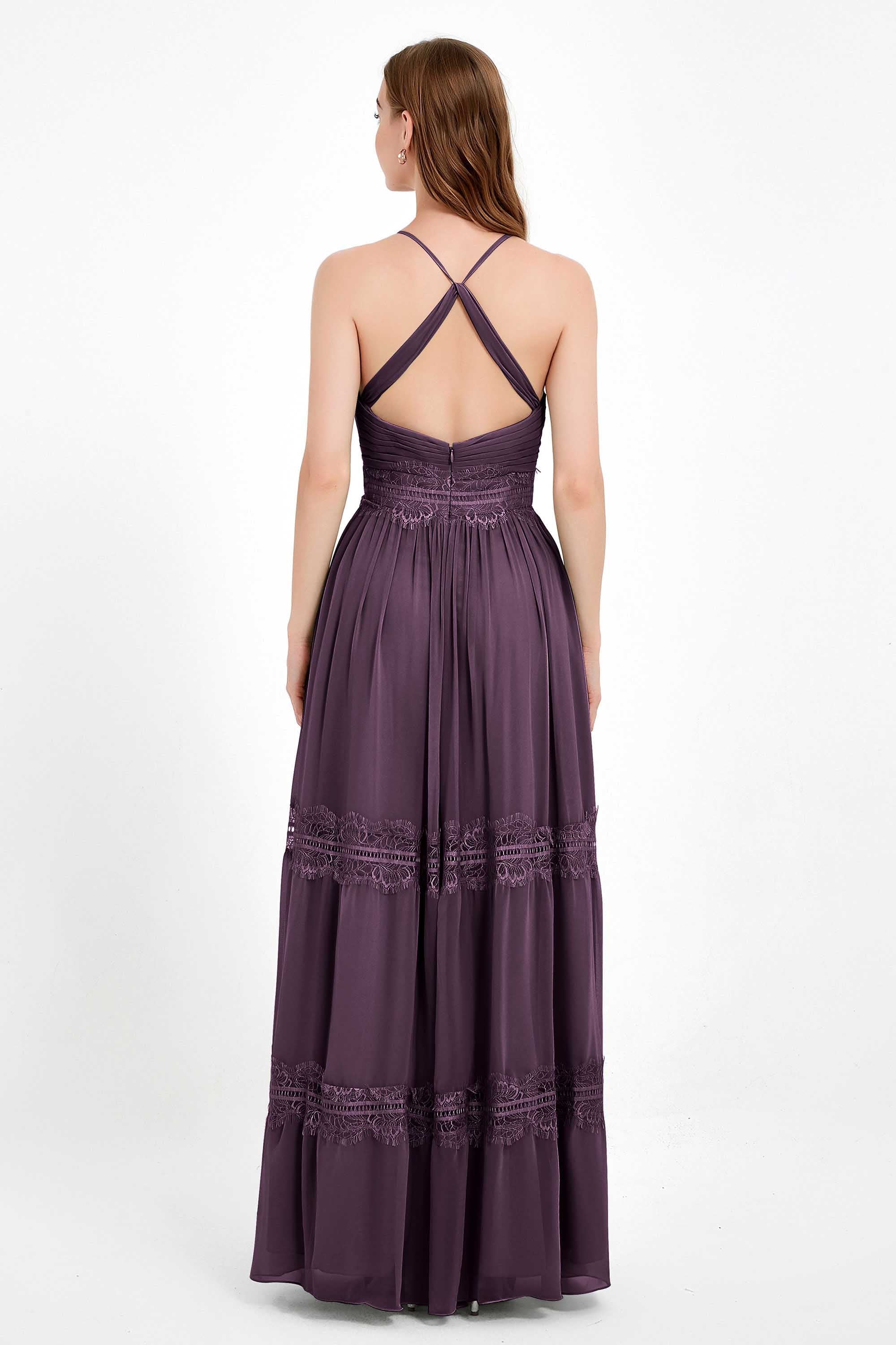 Spaghetti Straps V Neckline Chiffon Lace Bridesmaid Dresses Women's Formal Evening Gowns