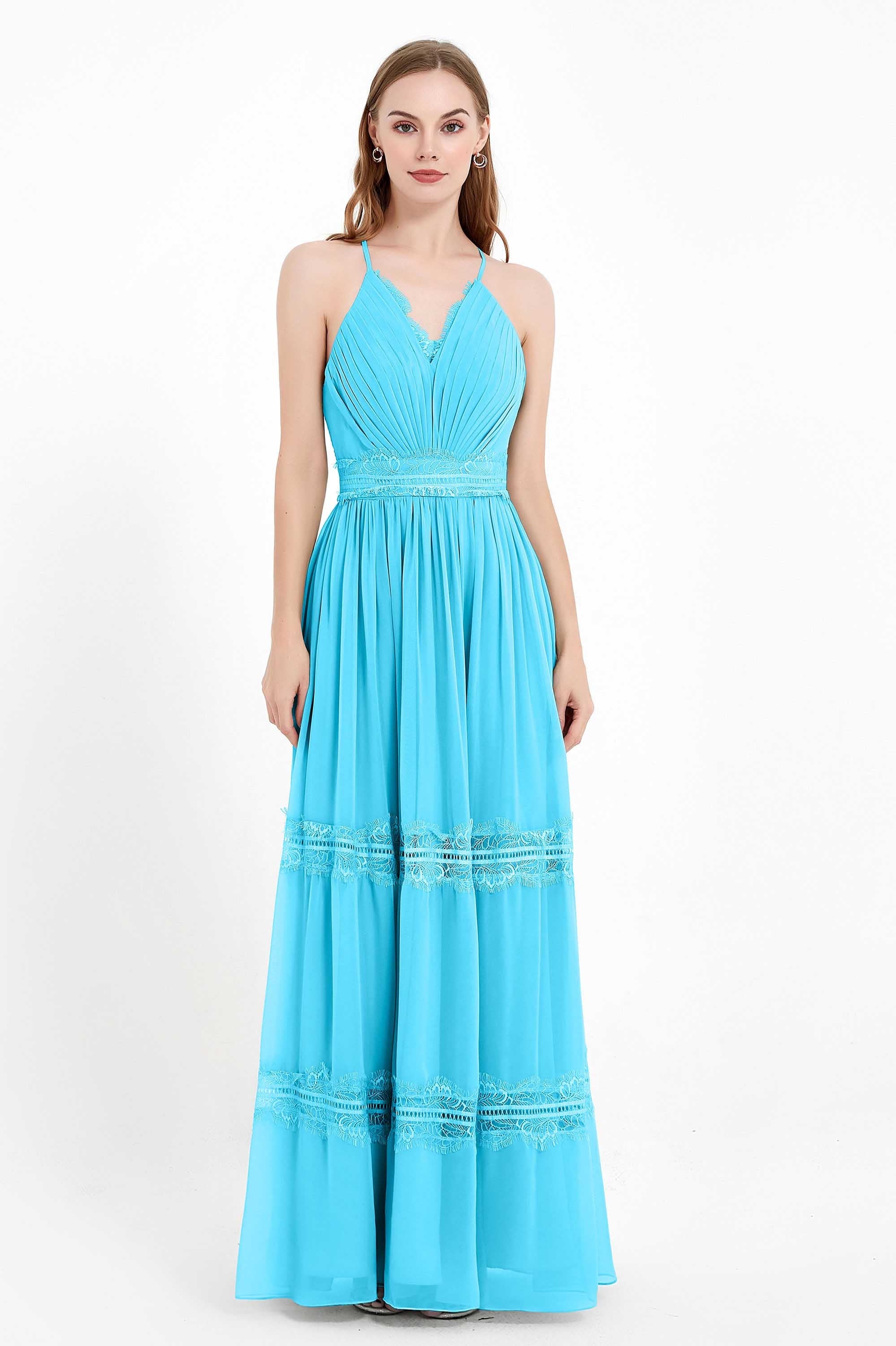 Spaghetti Straps V Neckline Chiffon Lace Bridesmaid Dresses Women's Formal Evening Gowns