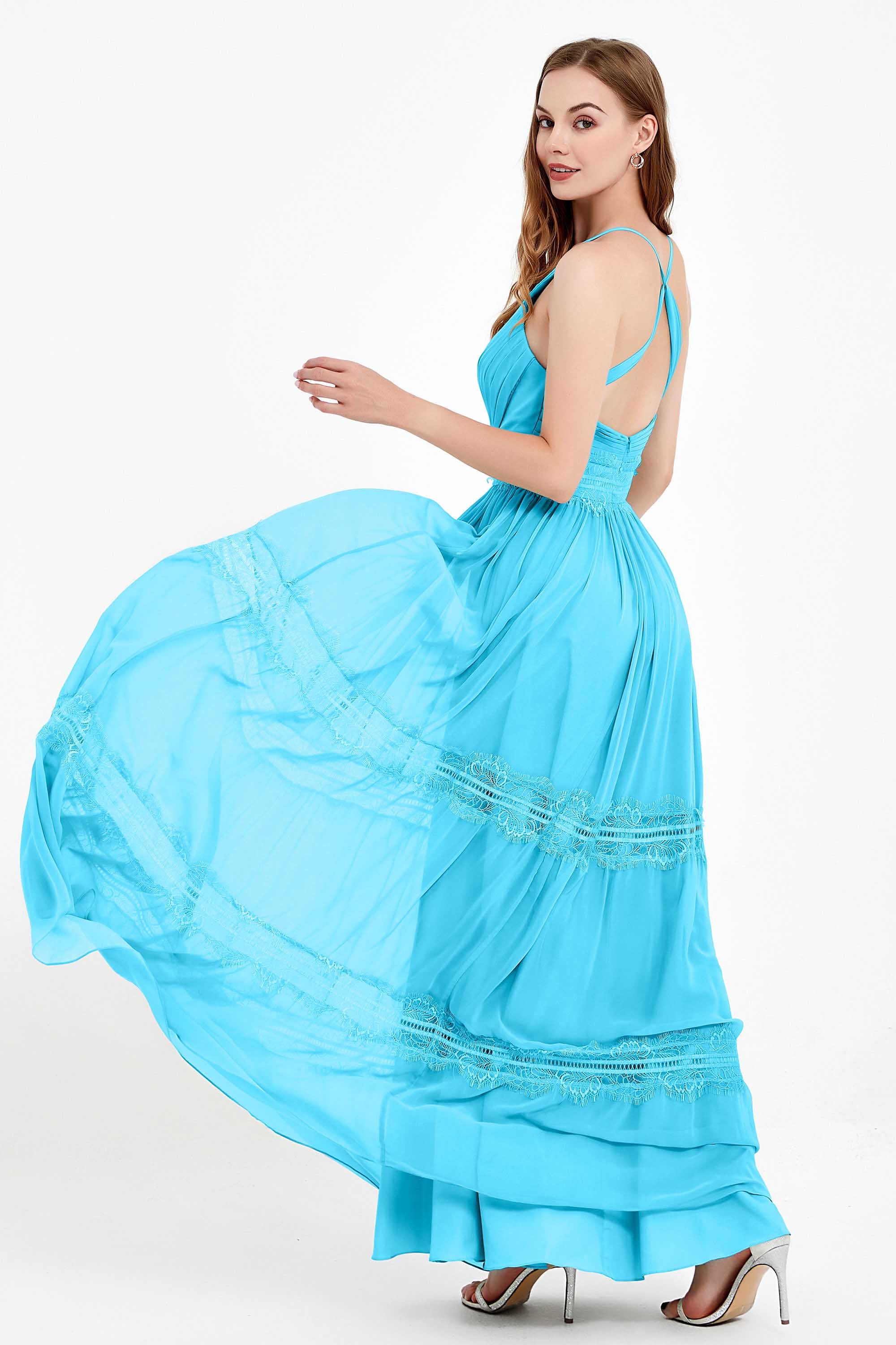 Spaghetti Straps V Neckline Chiffon Lace Bridesmaid Dresses Women's Formal Evening Gowns