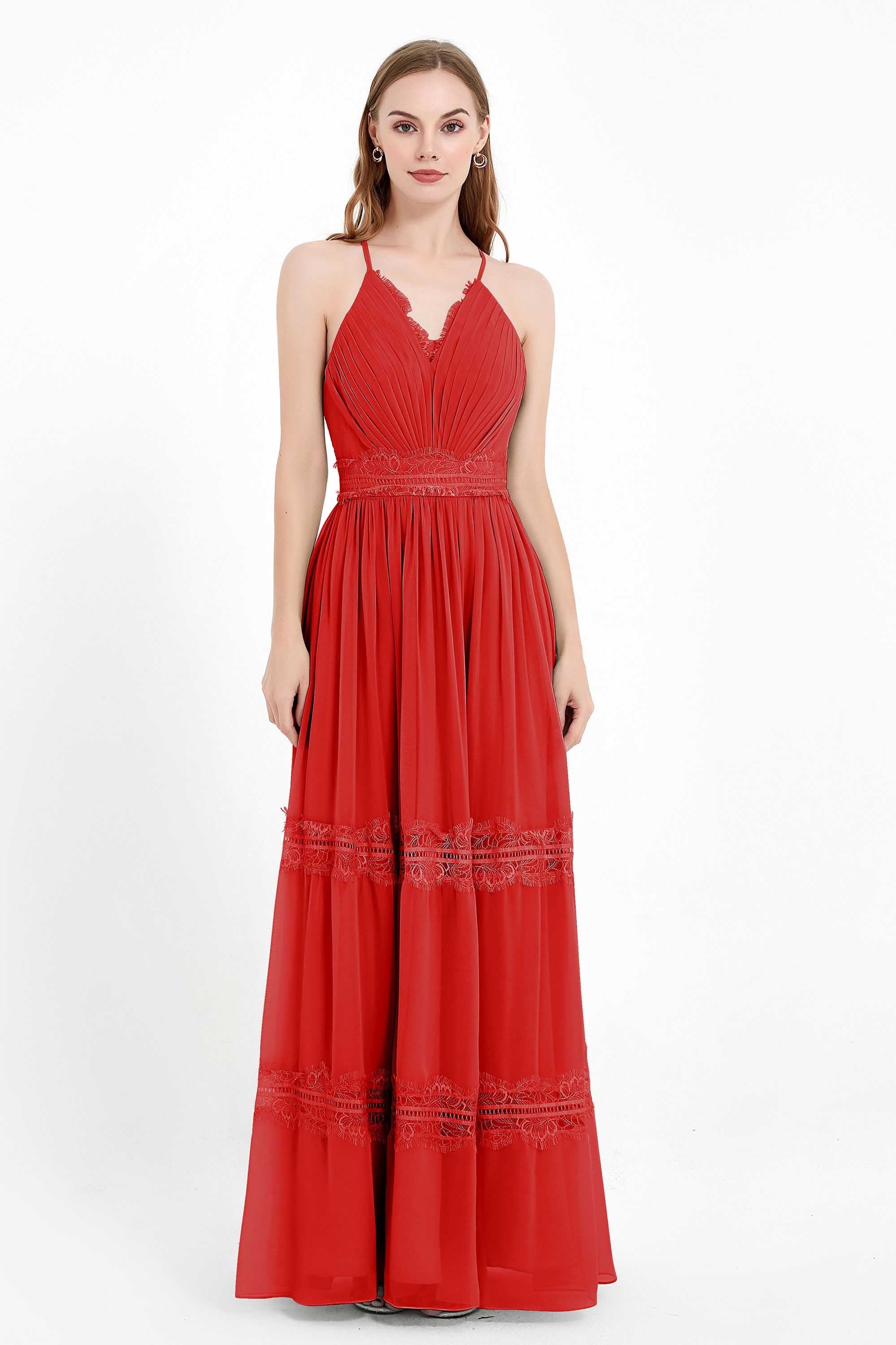 Spaghetti Straps V Neckline Chiffon Lace Bridesmaid Dresses Women's Formal Evening Gowns
