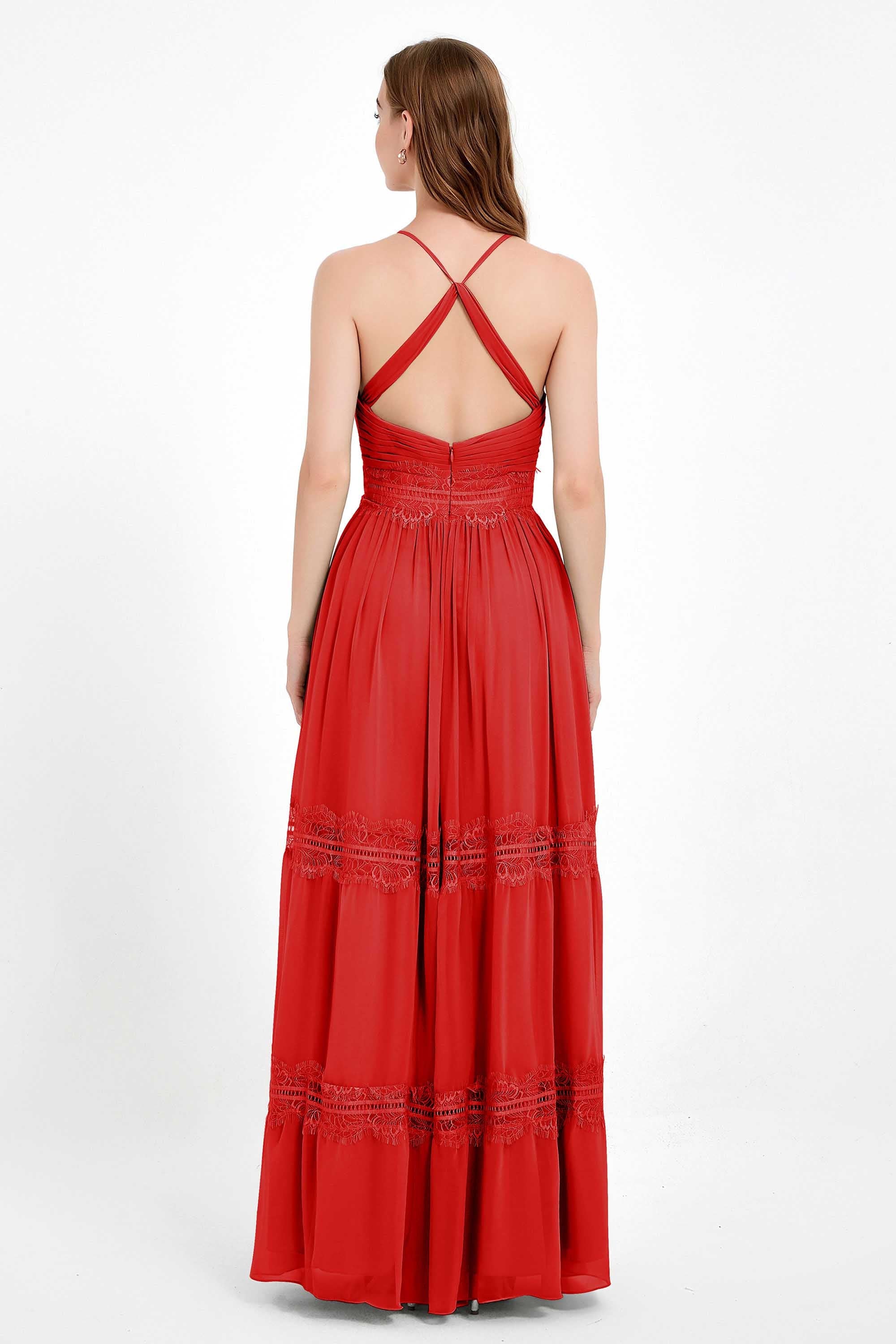 Spaghetti Straps V Neckline Chiffon Lace Bridesmaid Dresses Women's Formal Evening Gowns