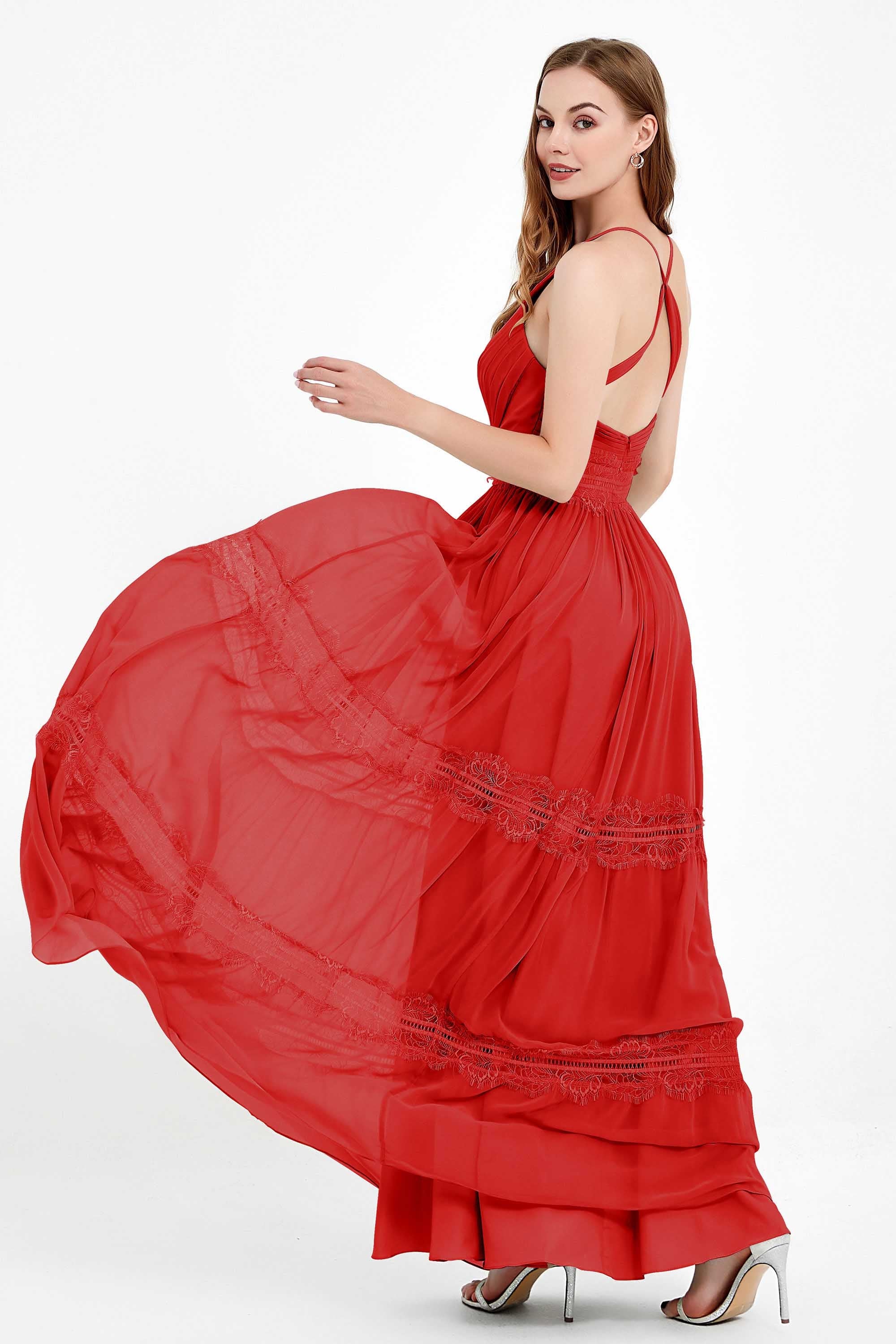 Spaghetti Straps V Neckline Chiffon Lace Bridesmaid Dresses Women's Formal Evening Gowns