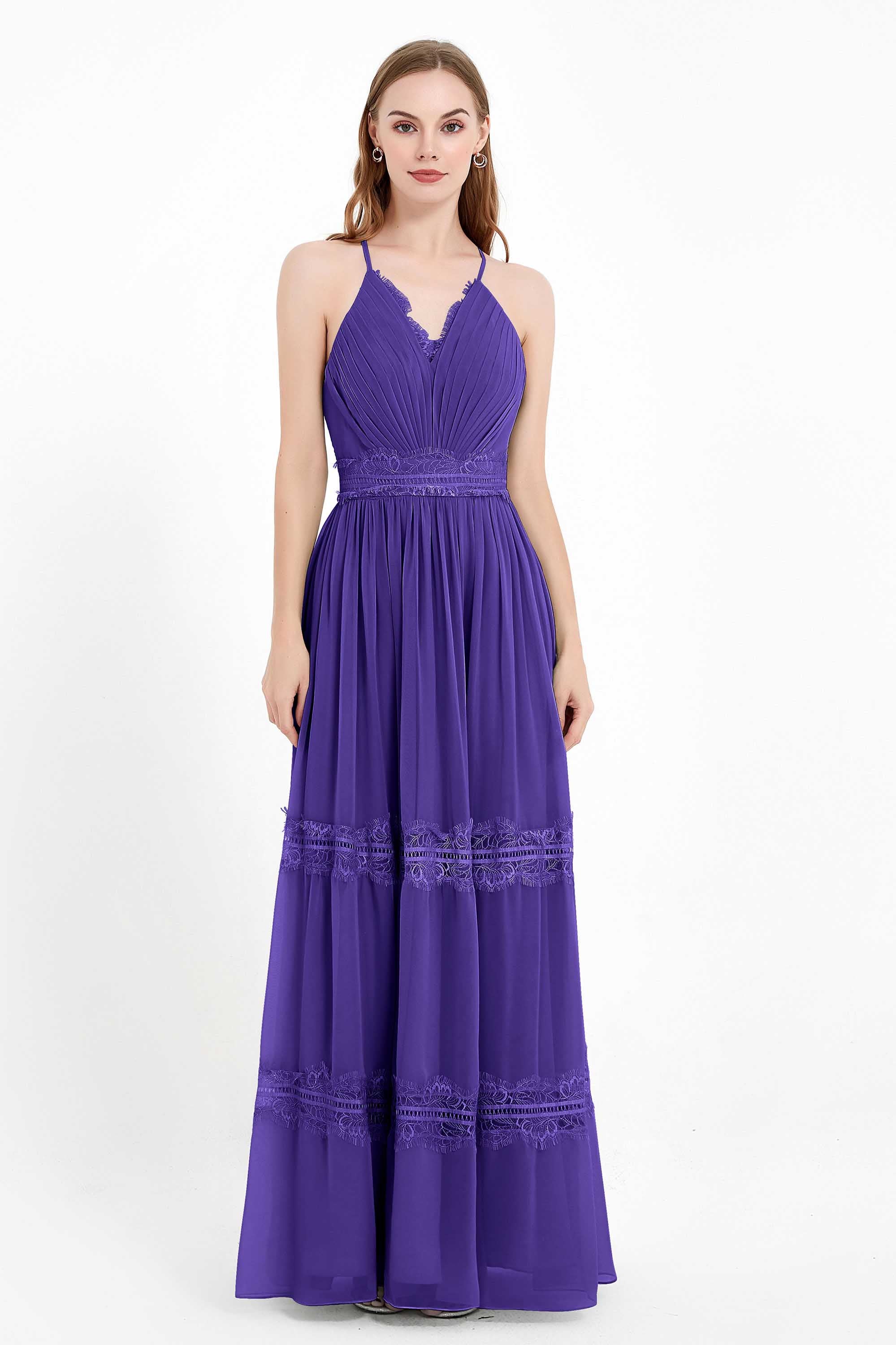 Spaghetti Straps V Neckline Chiffon Lace Bridesmaid Dresses Women's Formal Evening Gowns