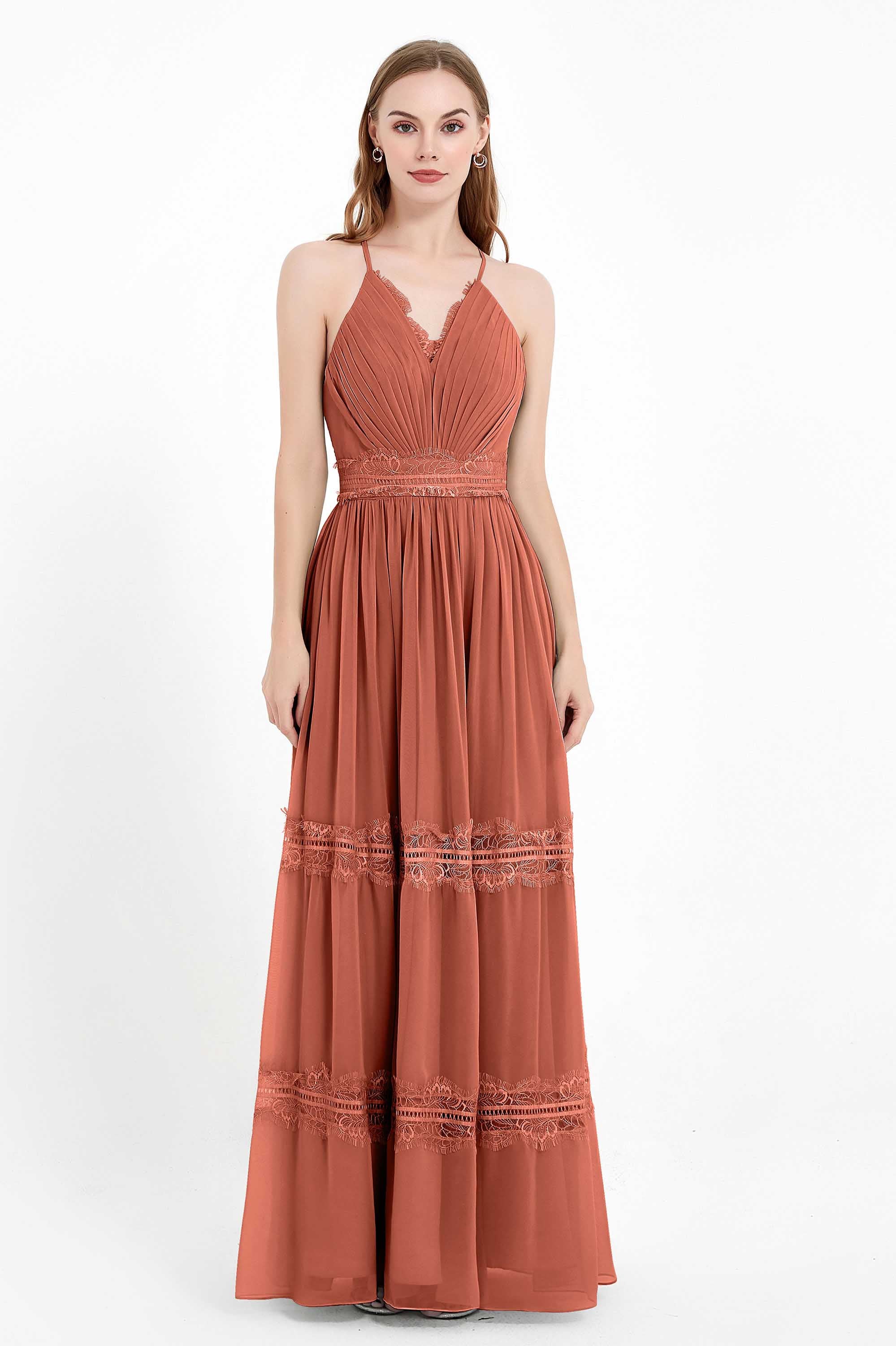 Spaghetti Straps V Neckline Chiffon Lace Bridesmaid Dresses Women's Formal Evening Gowns