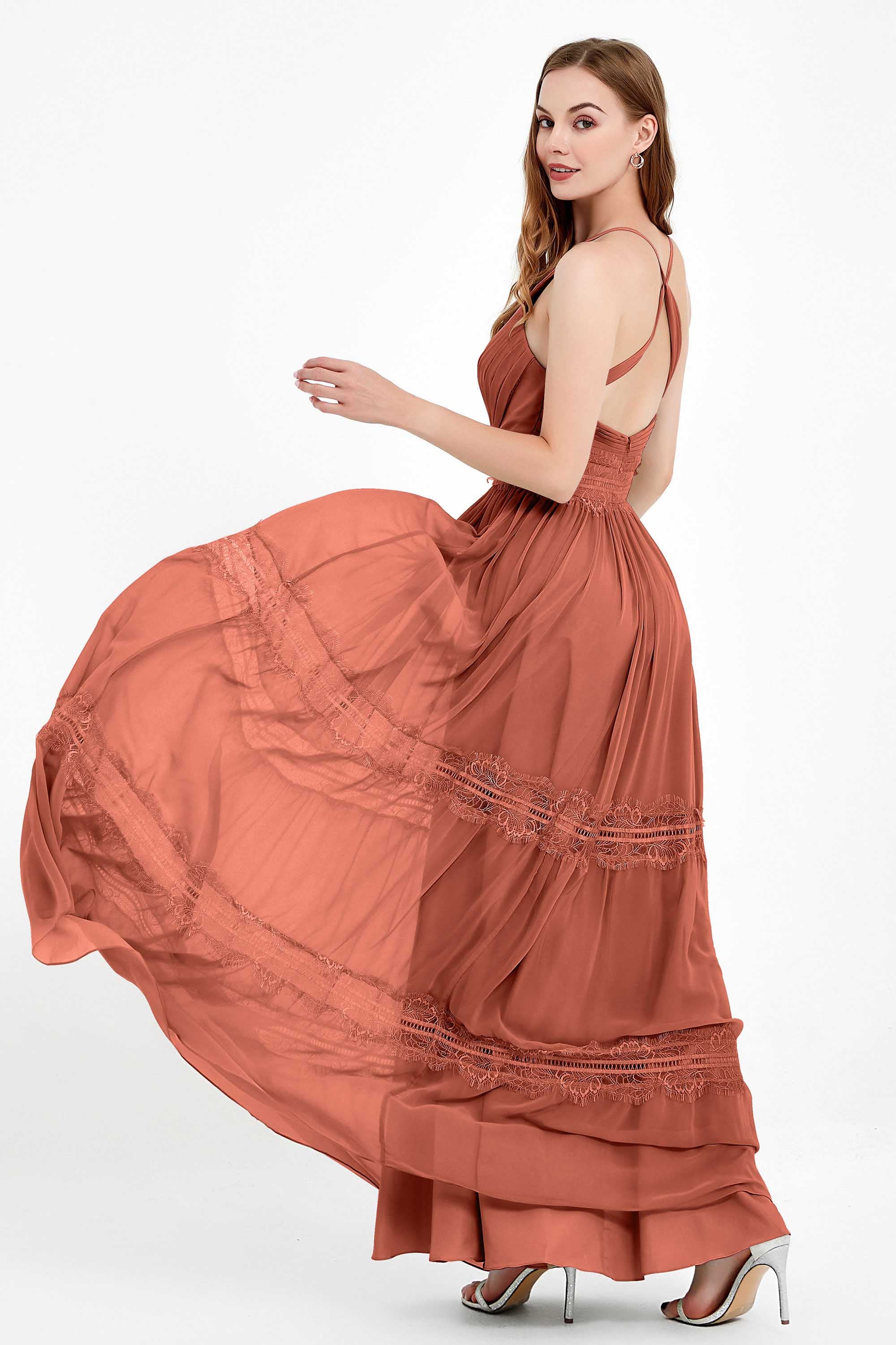 Spaghetti Straps V Neckline Chiffon Lace Bridesmaid Dresses Women's Formal Evening Gowns