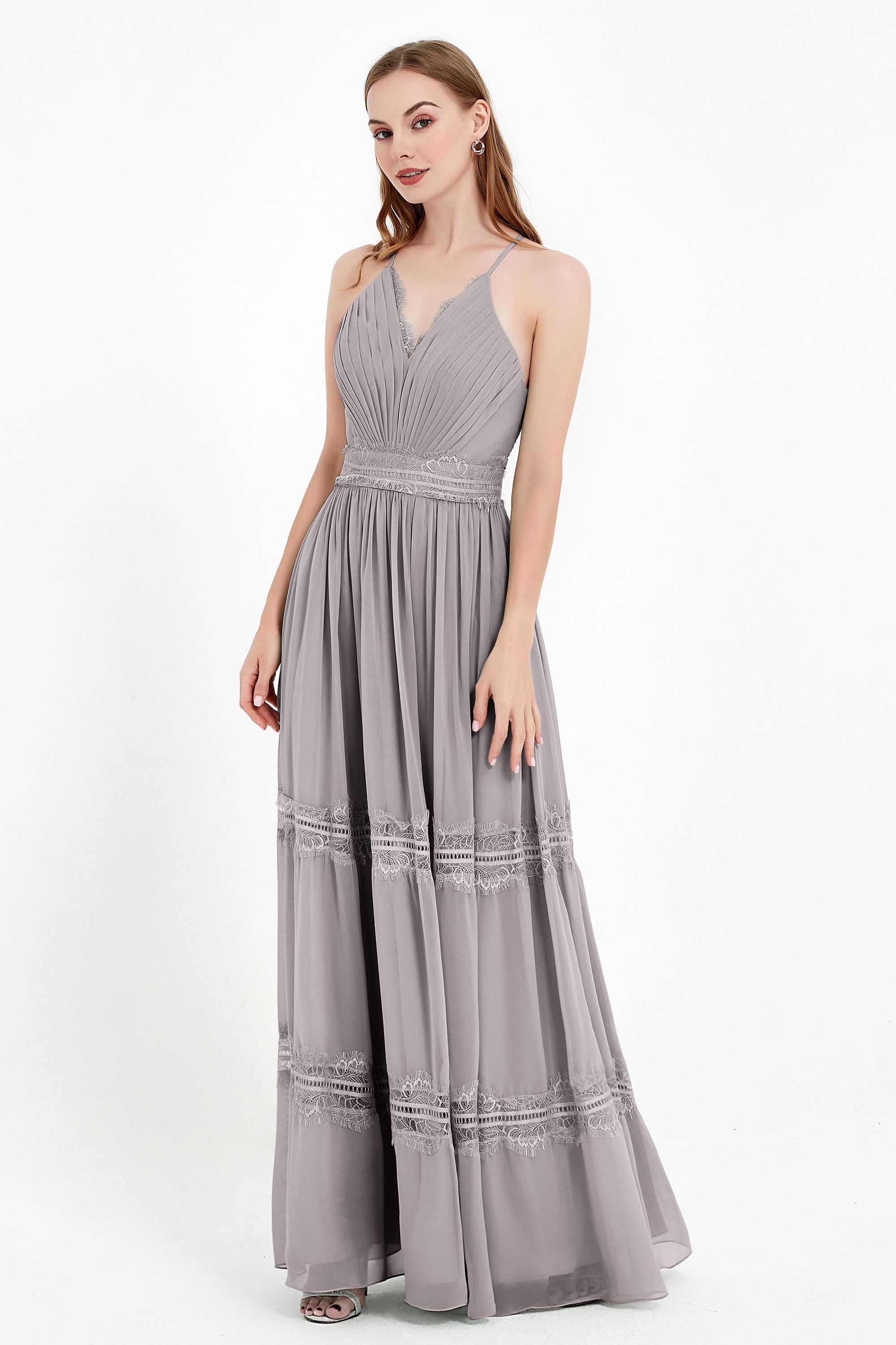 Spaghetti Straps V Neckline Chiffon Lace Bridesmaid Dresses Women's Formal Evening Gowns