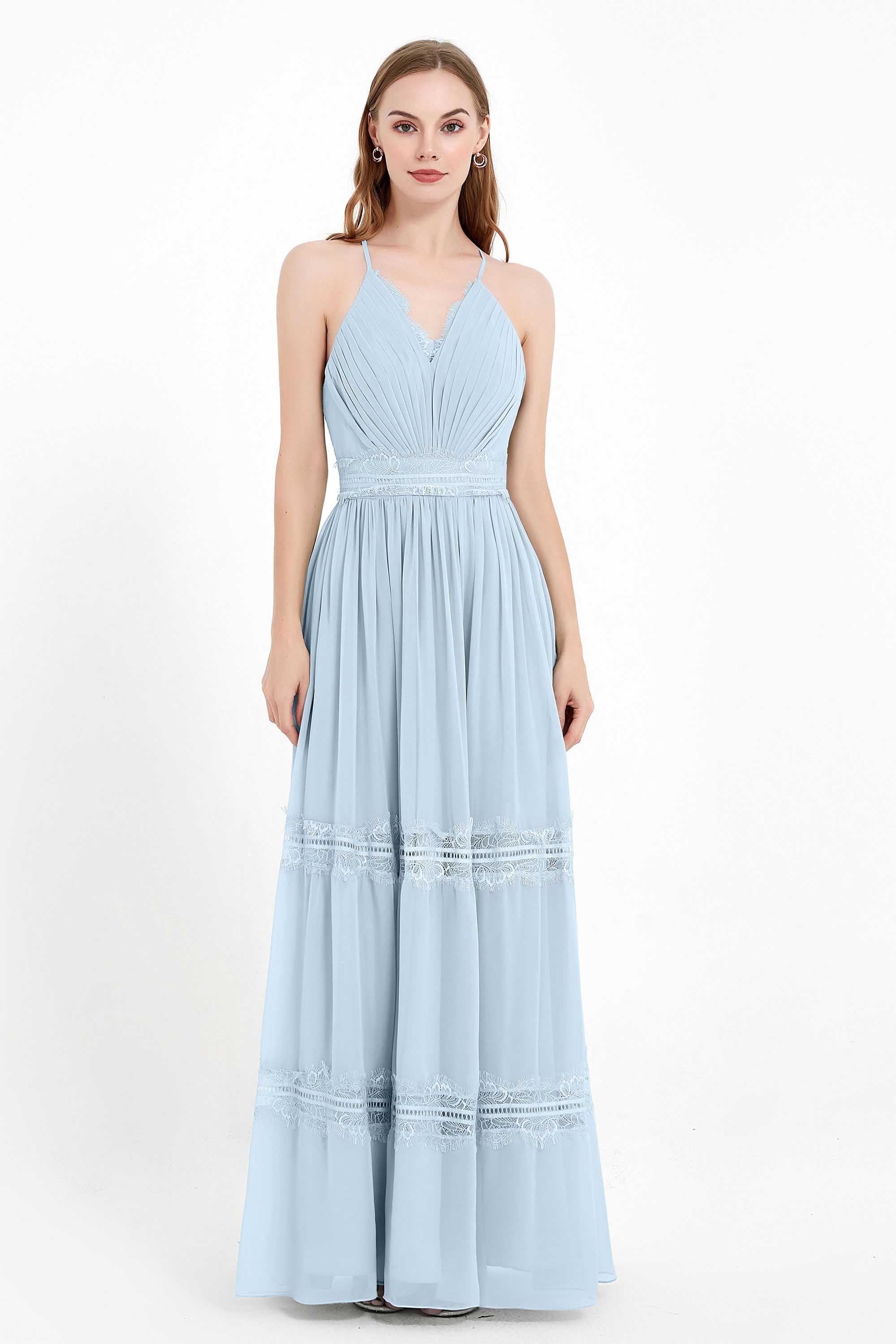 Spaghetti Straps V Neckline Chiffon Lace Bridesmaid Dresses Women's Formal Evening Gowns