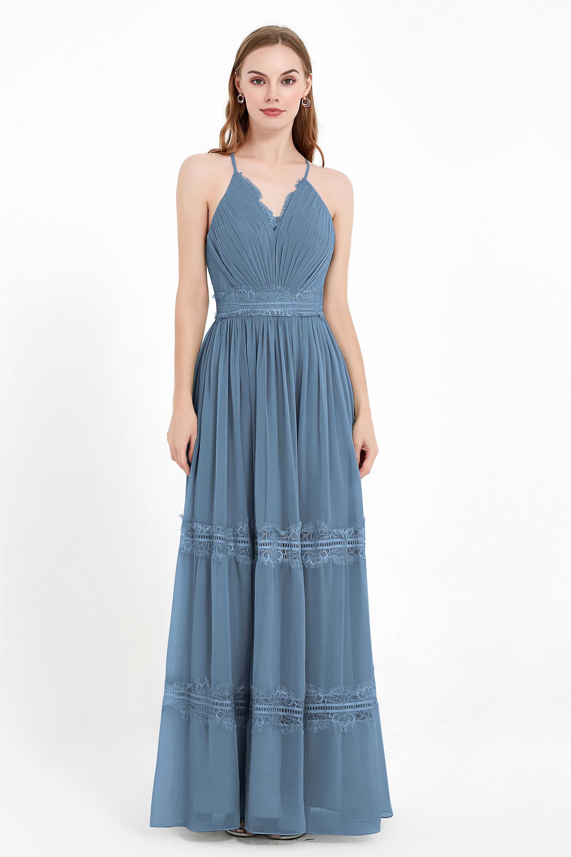 Spaghetti Straps V Neckline Chiffon Lace Bridesmaid Dresses Women's Formal Evening Gowns