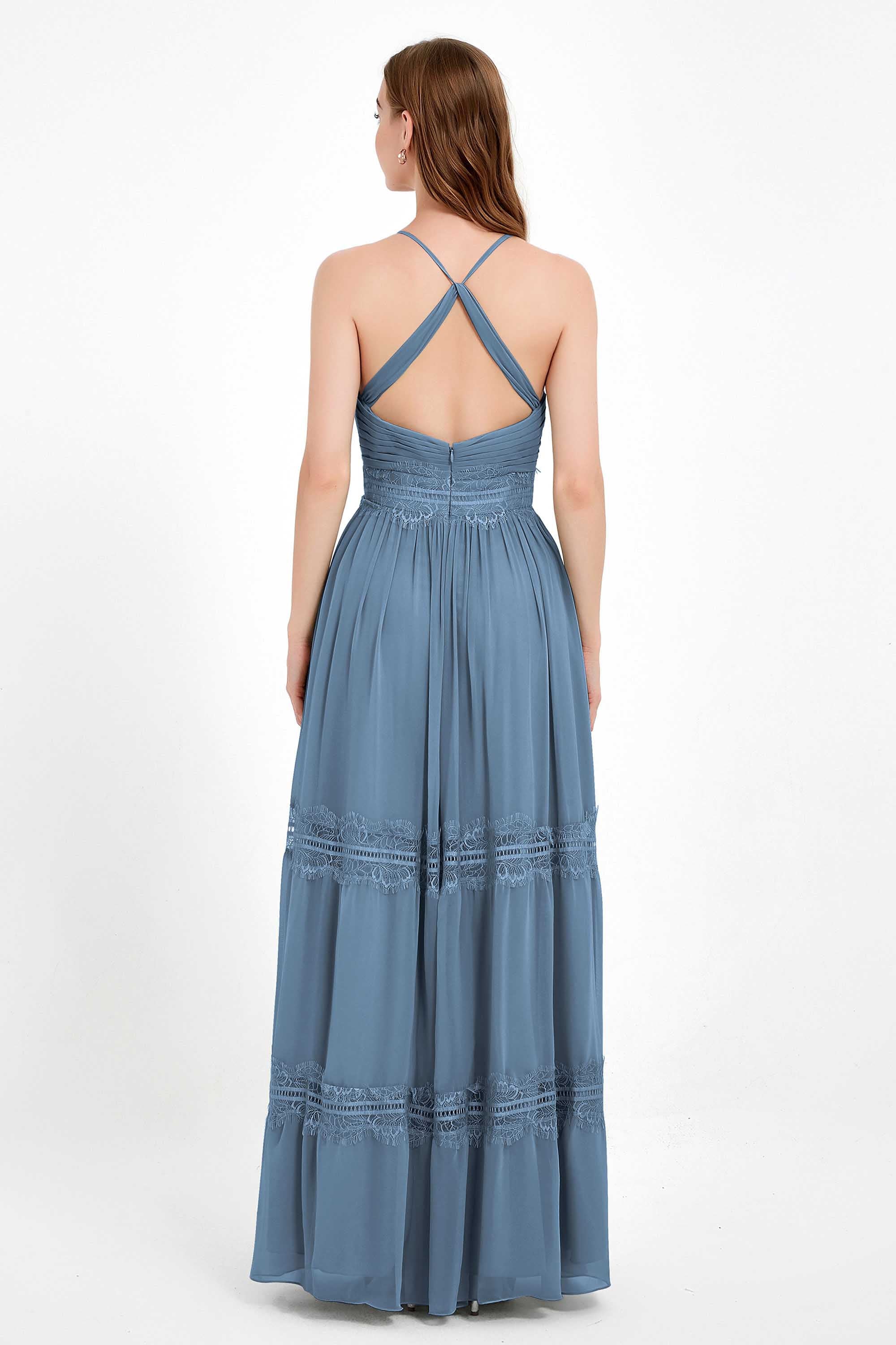 Spaghetti Straps V Neckline Chiffon Lace Bridesmaid Dresses Women's Formal Evening Gowns