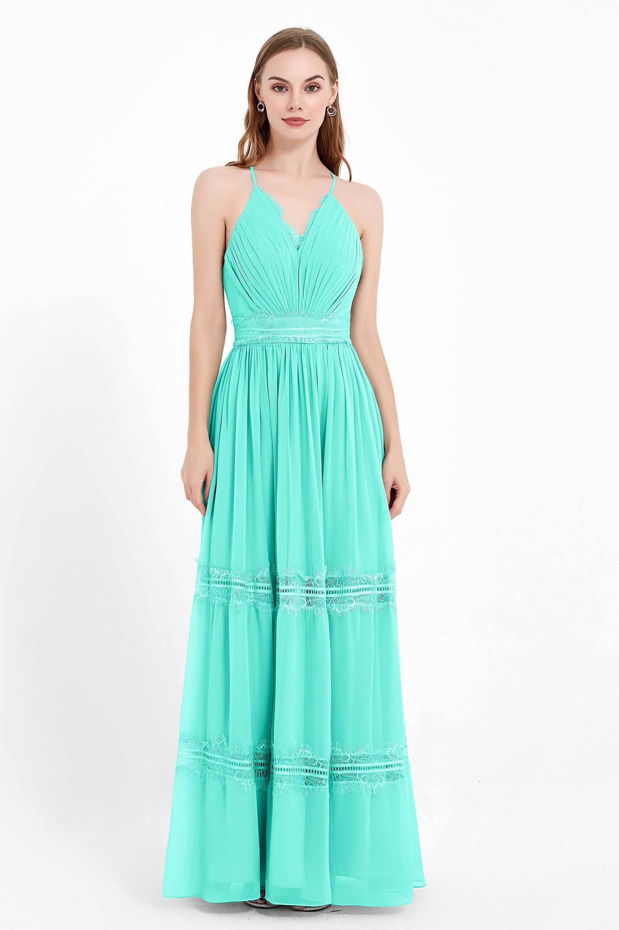 Spaghetti Straps V Neckline Chiffon Lace Bridesmaid Dresses Women's Formal Evening Gowns