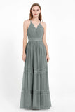 Spaghetti Straps V Neckline Chiffon Lace Bridesmaid Dresses Women's Formal Evening Gowns