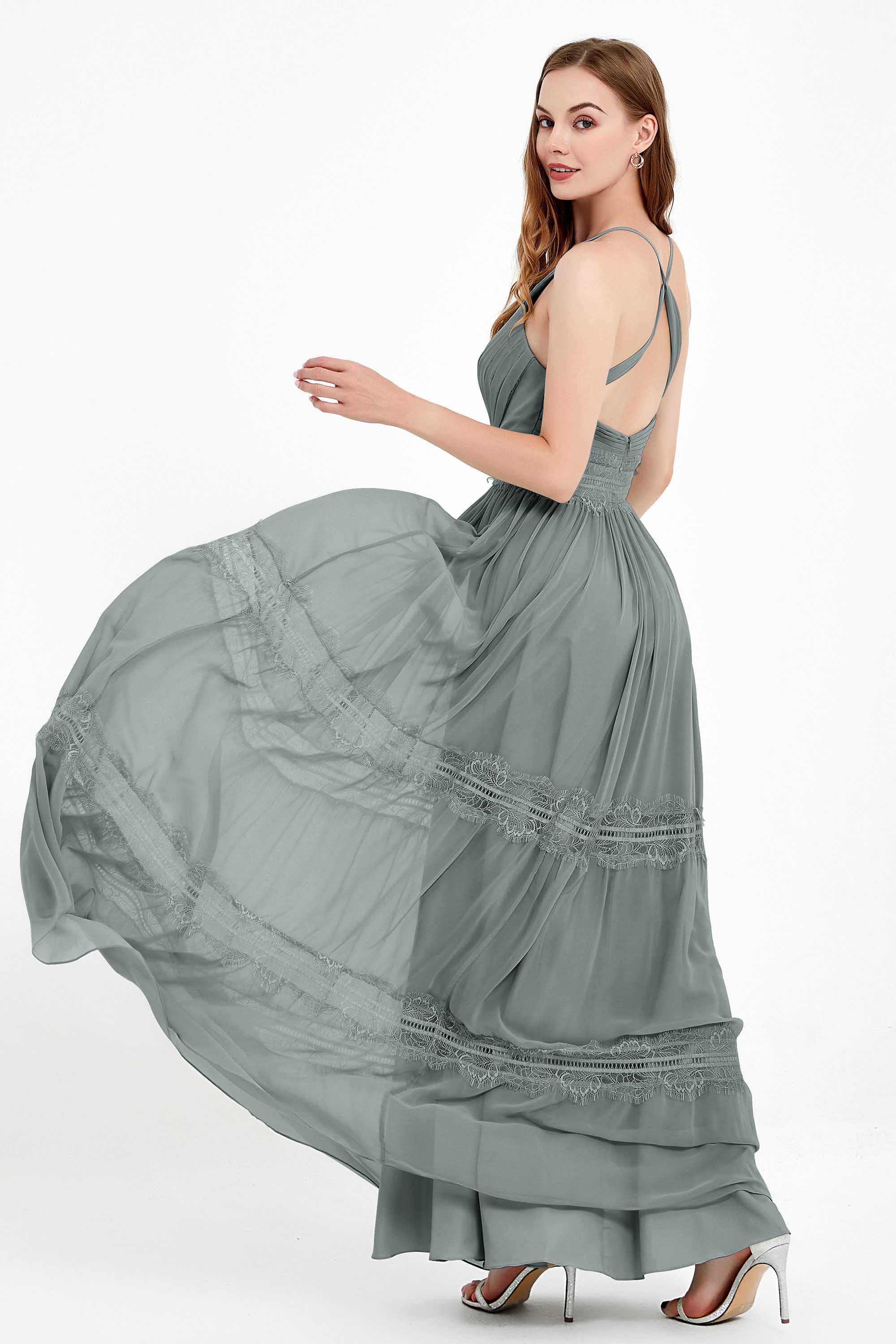 Spaghetti Straps V Neckline Chiffon Lace Bridesmaid Dresses Women's Formal Evening Gowns