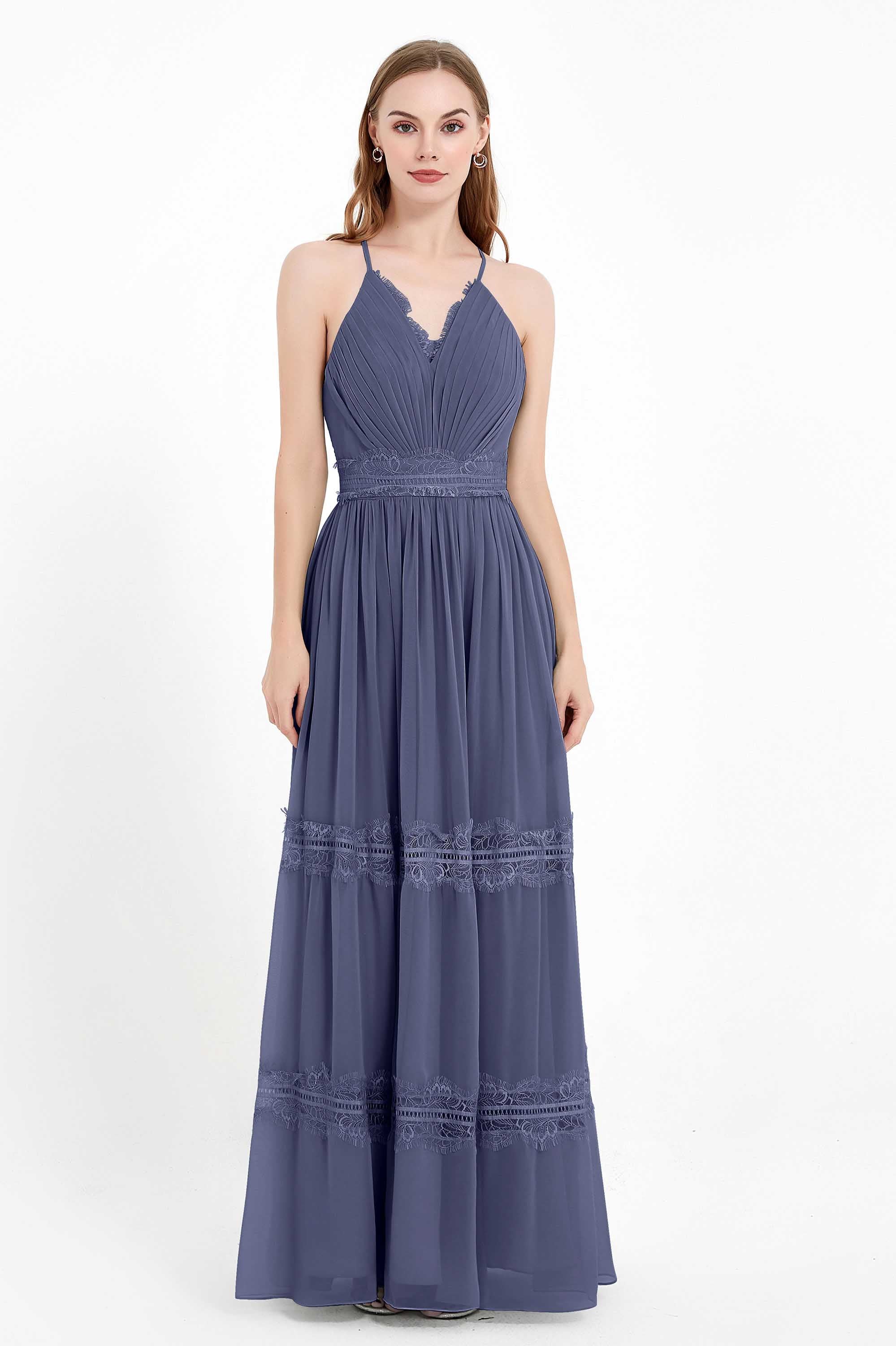 Spaghetti Straps V Neckline Chiffon Lace Bridesmaid Dresses Women's Formal Evening Gowns