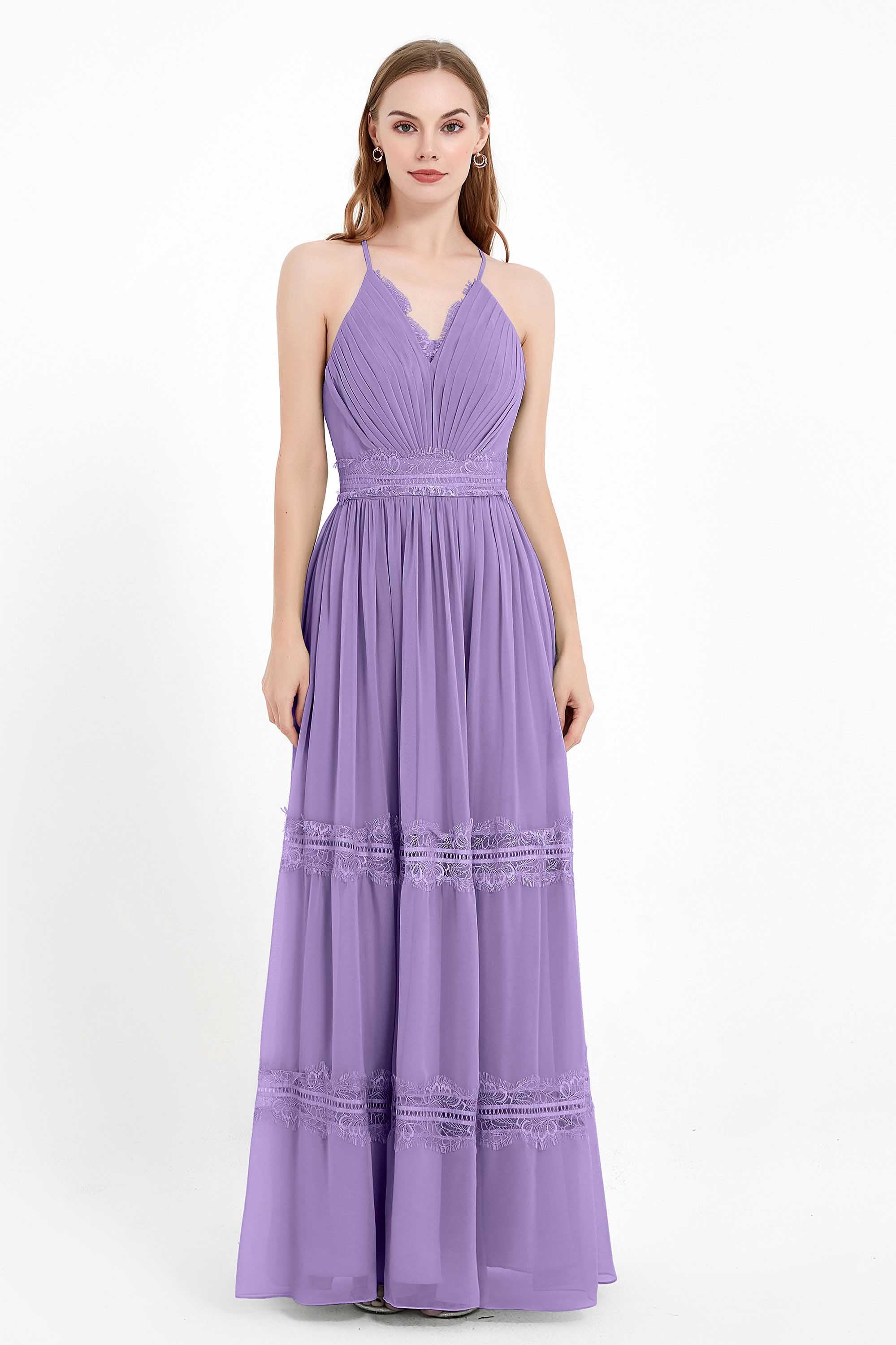 Spaghetti Straps V Neckline Chiffon Lace Bridesmaid Dresses Women's Formal Evening Gowns