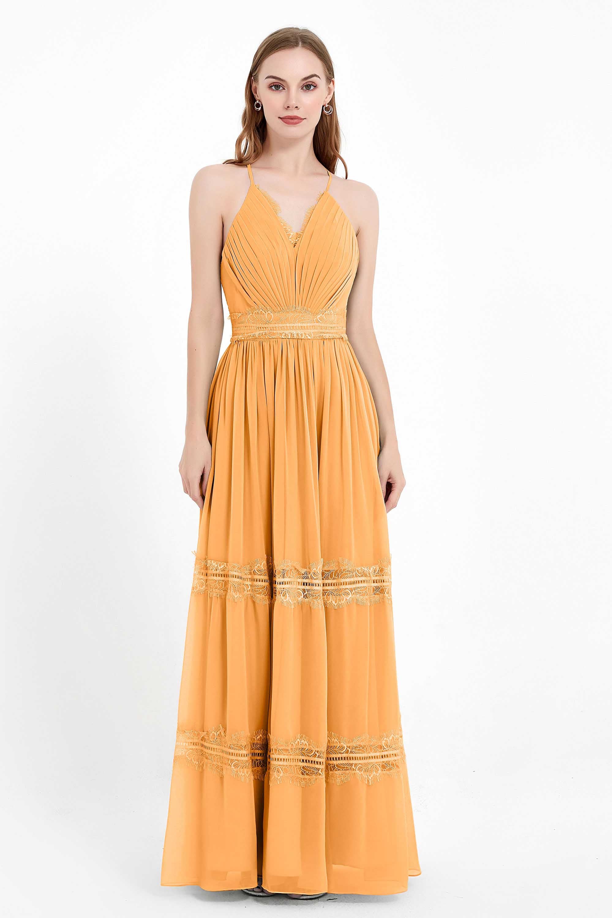 Spaghetti Straps V Neckline Chiffon Lace Bridesmaid Dresses Women's Formal Evening Gowns
