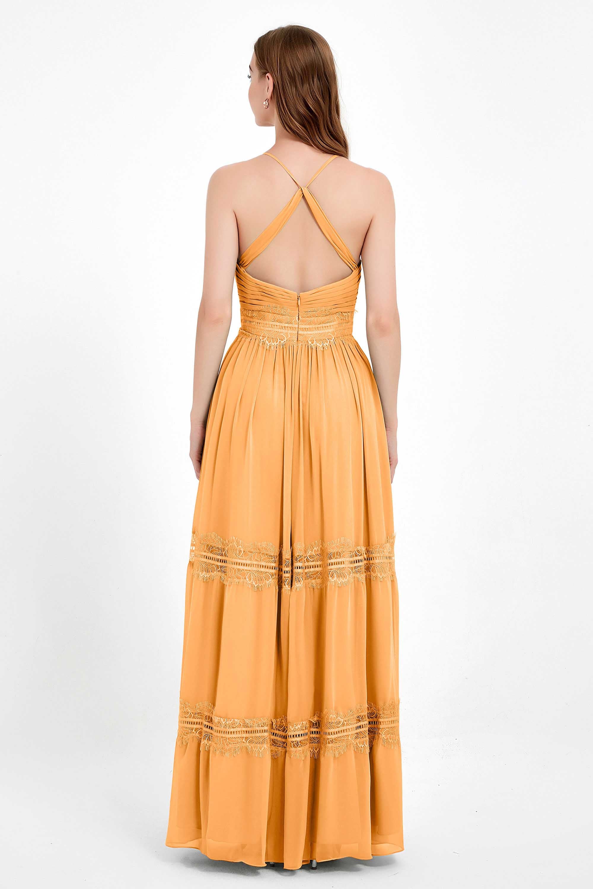 Spaghetti Straps V Neckline Chiffon Lace Bridesmaid Dresses Women's Formal Evening Gowns