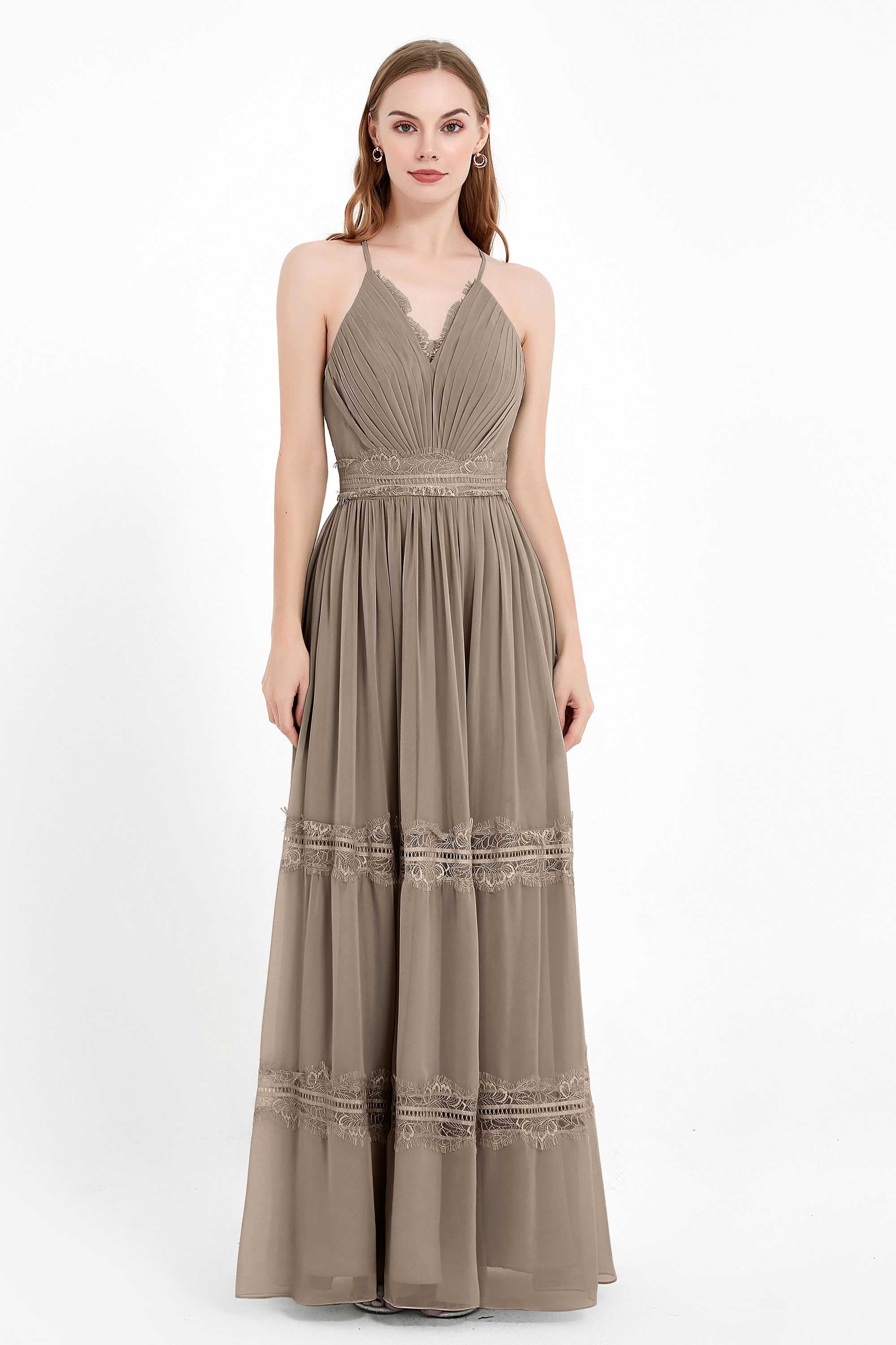 Spaghetti Straps V Neckline Chiffon Lace Bridesmaid Dresses Women's Formal Evening Gowns