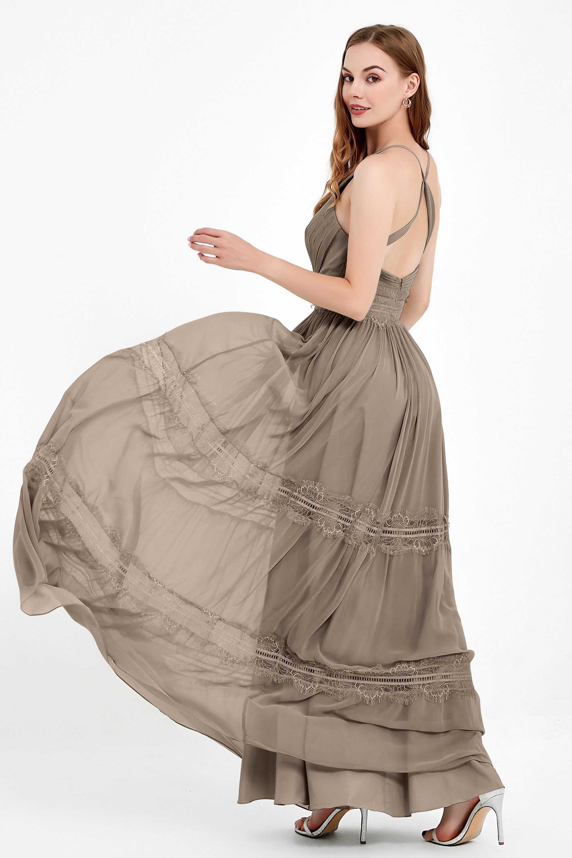 Spaghetti Straps V Neckline Chiffon Lace Bridesmaid Dresses Women's Formal Evening Gowns