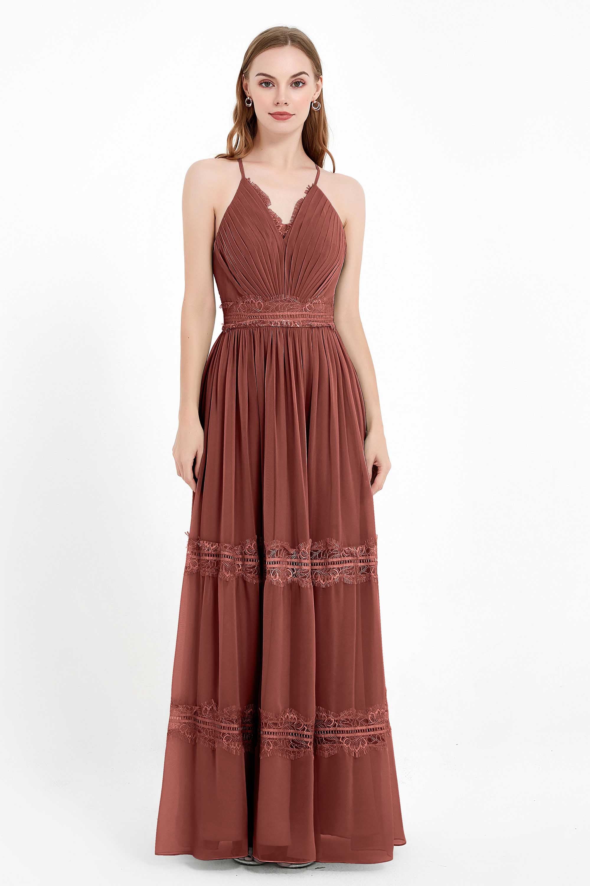 Spaghetti Straps V Neckline Chiffon Lace Bridesmaid Dresses Women's Formal Evening Gowns