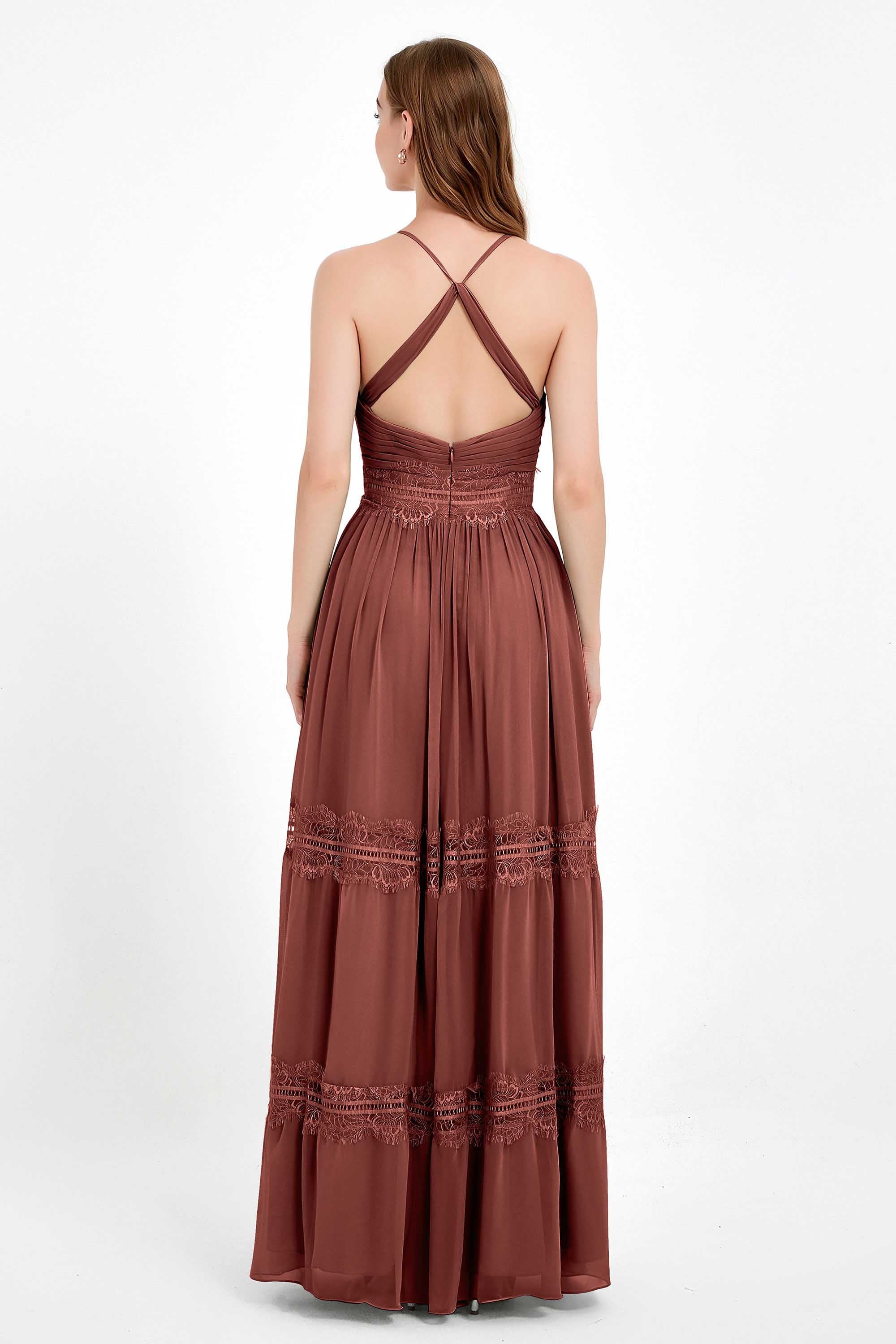 Spaghetti Straps V Neckline Chiffon Lace Bridesmaid Dresses Women's Formal Evening Gowns