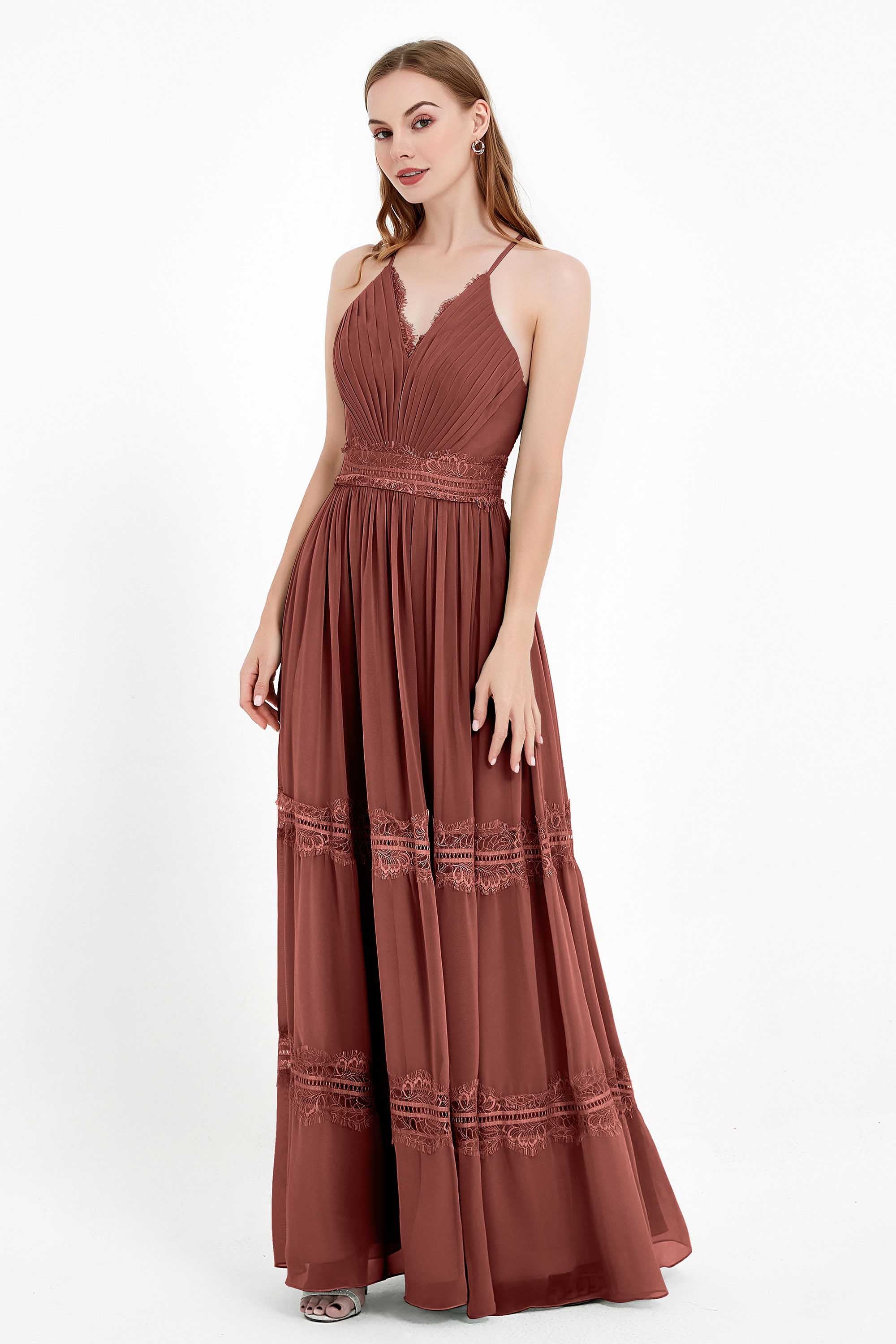 Spaghetti Straps V Neckline Chiffon Lace Bridesmaid Dresses Women's Formal Evening Gowns