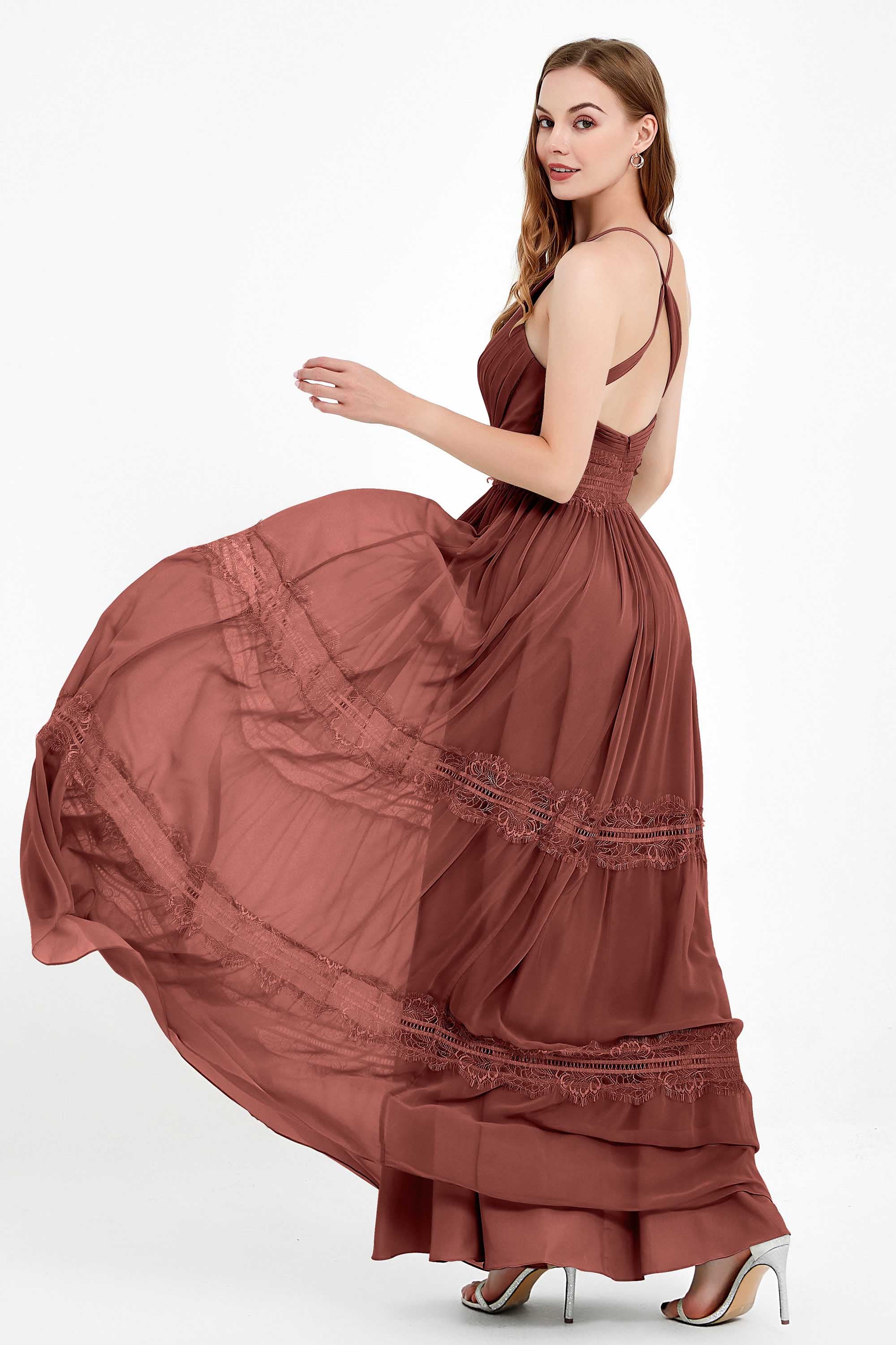 Spaghetti Straps V Neckline Chiffon Lace Bridesmaid Dresses Women's Formal Evening Gowns