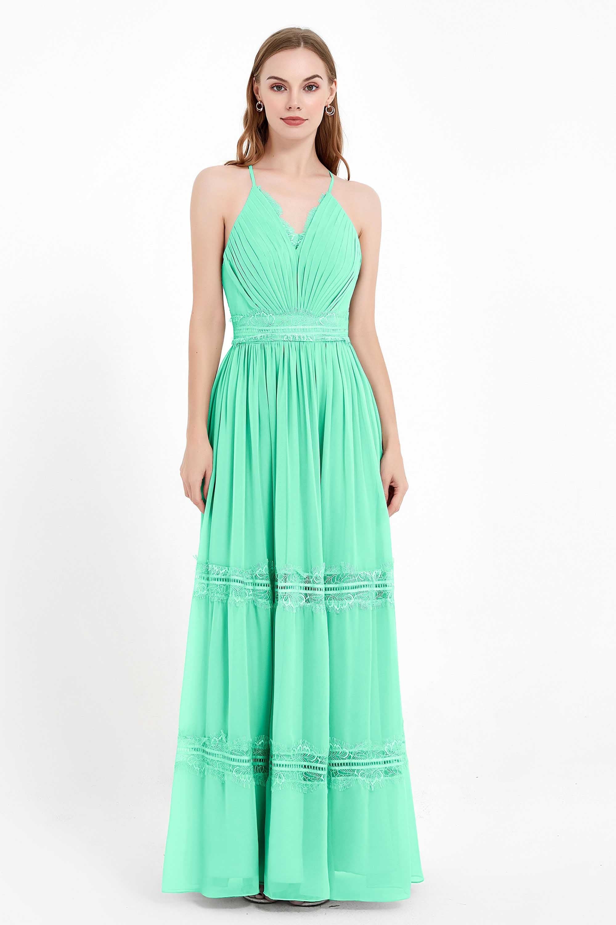 Spaghetti Straps V Neckline Chiffon Lace Bridesmaid Dresses Women's Formal Evening Gowns