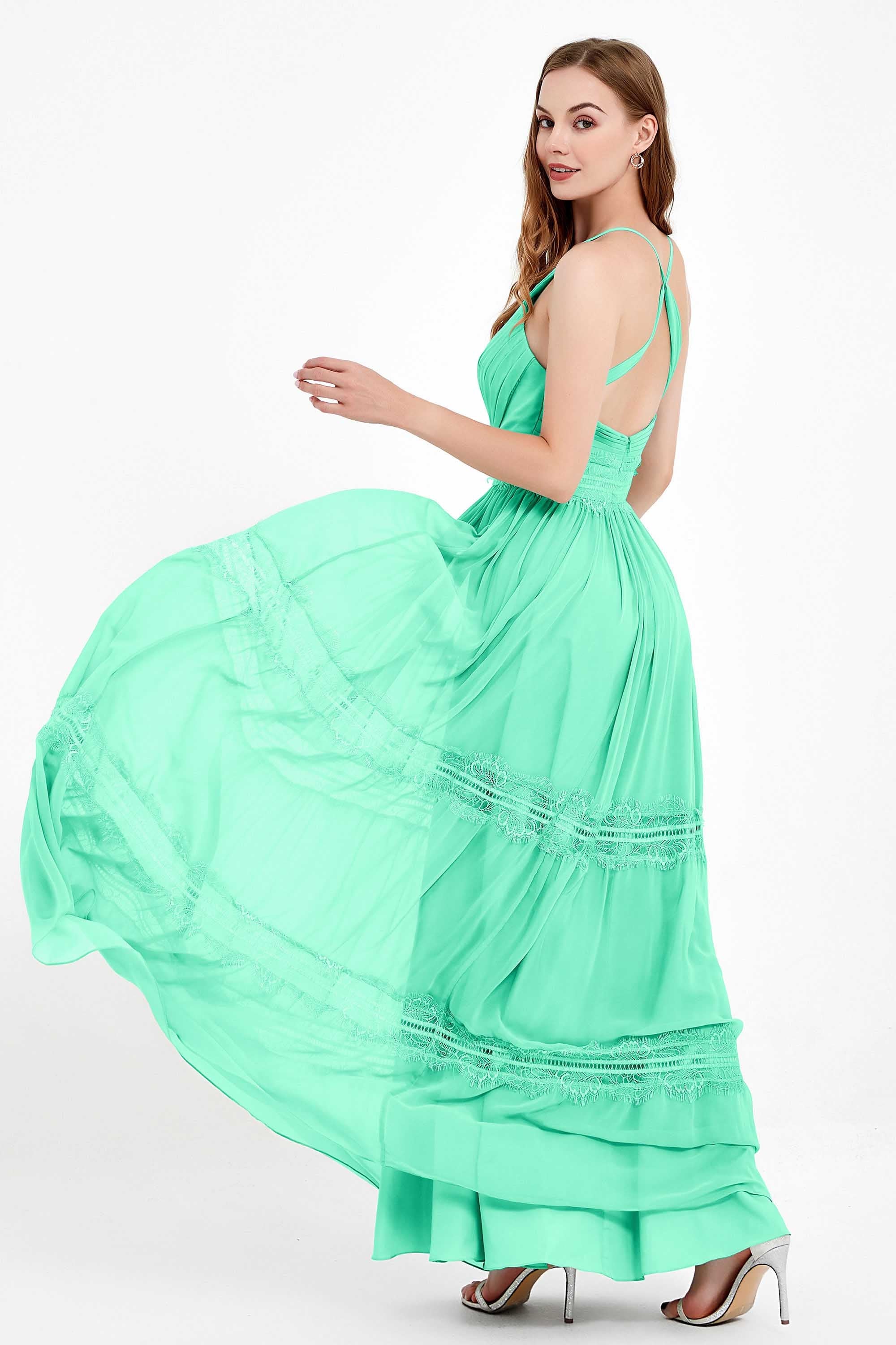 Spaghetti Straps V Neckline Chiffon Lace Bridesmaid Dresses Women's Formal Evening Gowns