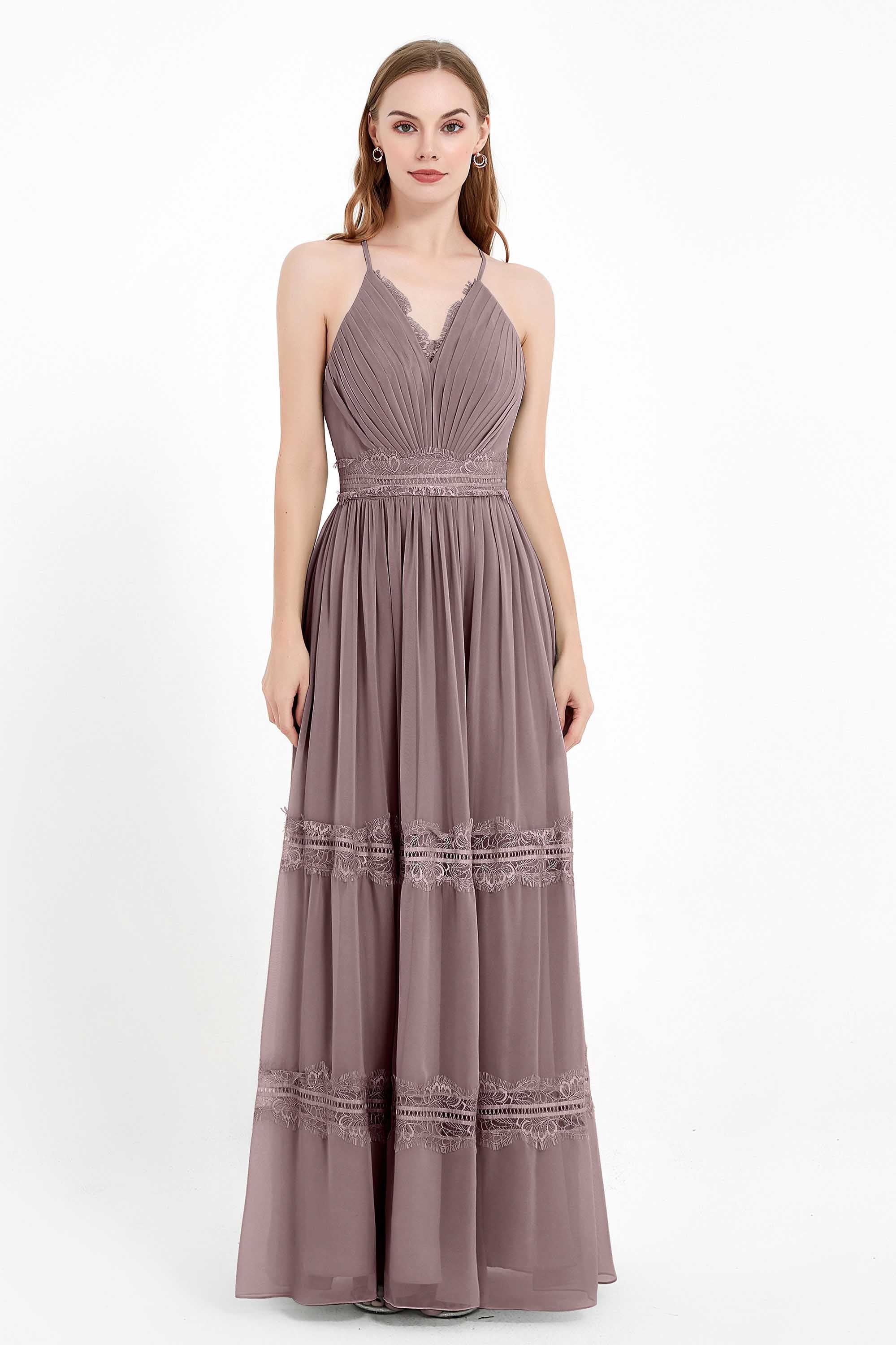 Spaghetti Straps V Neckline Chiffon Lace Bridesmaid Dresses Women's Formal Evening Gowns