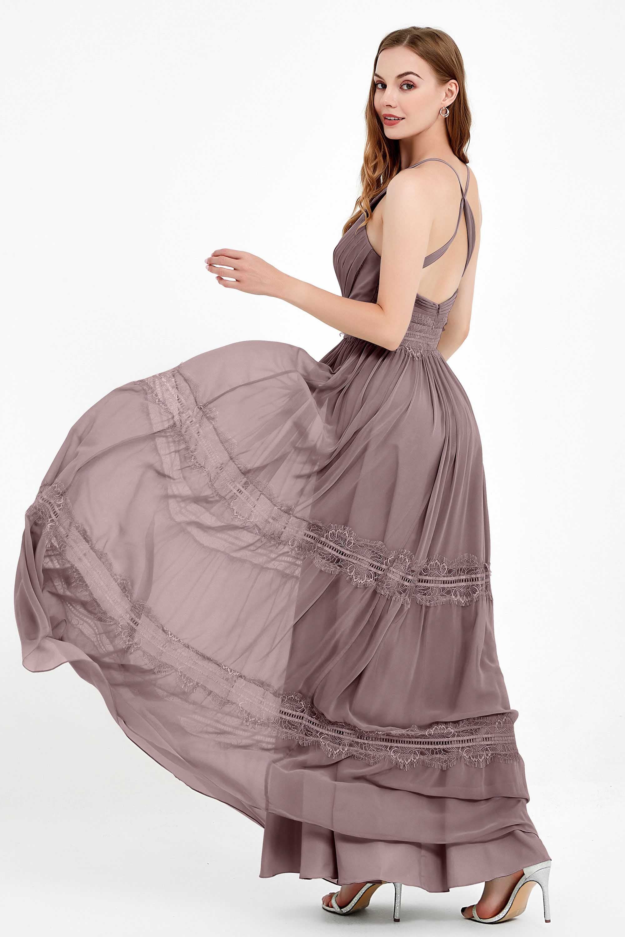 Spaghetti Straps V Neckline Chiffon Lace Bridesmaid Dresses Women's Formal Evening Gowns