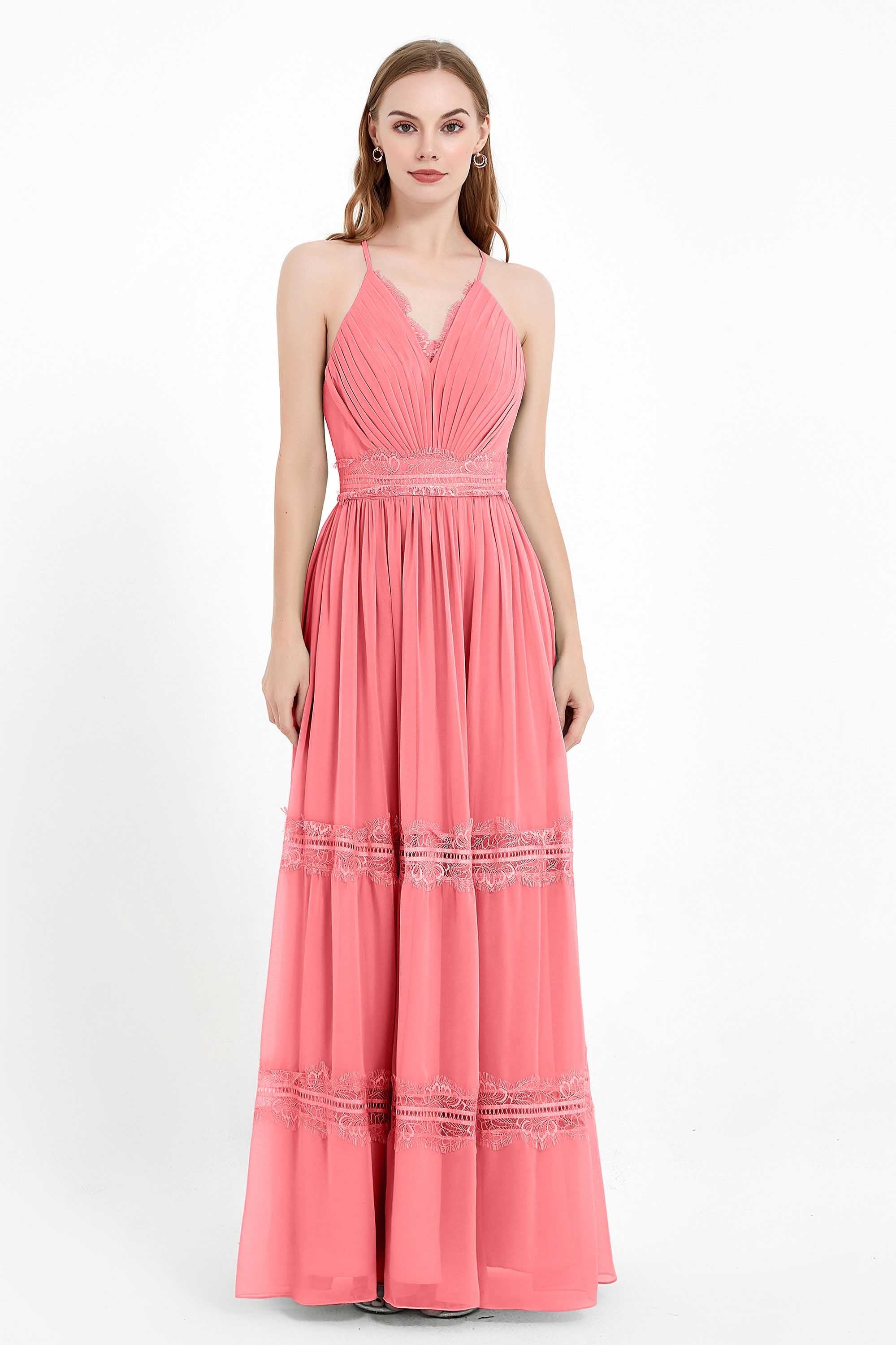 Spaghetti Straps V Neckline Chiffon Lace Bridesmaid Dresses Women's Formal Evening Gowns