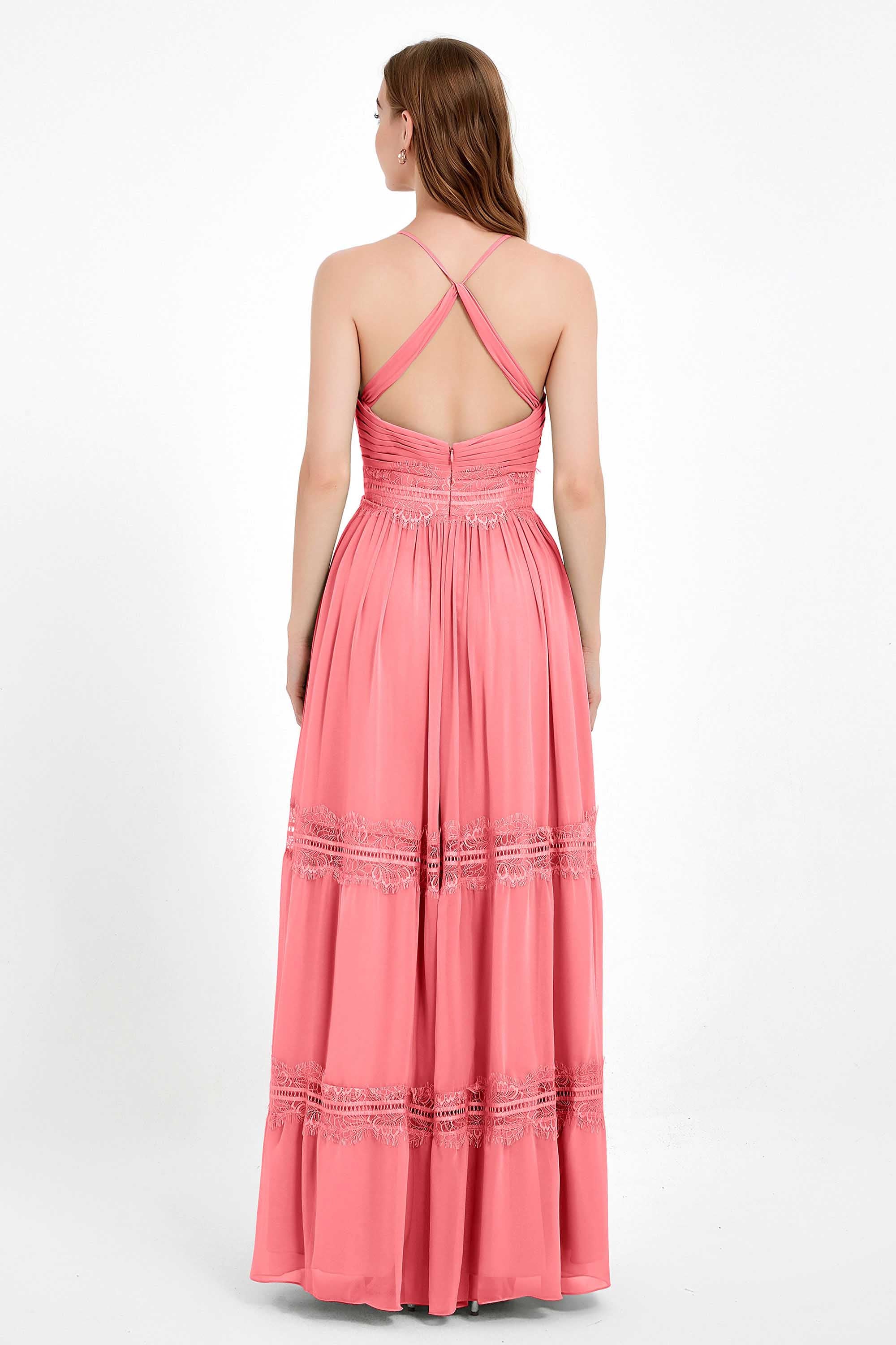 Spaghetti Straps V Neckline Chiffon Lace Bridesmaid Dresses Women's Formal Evening Gowns