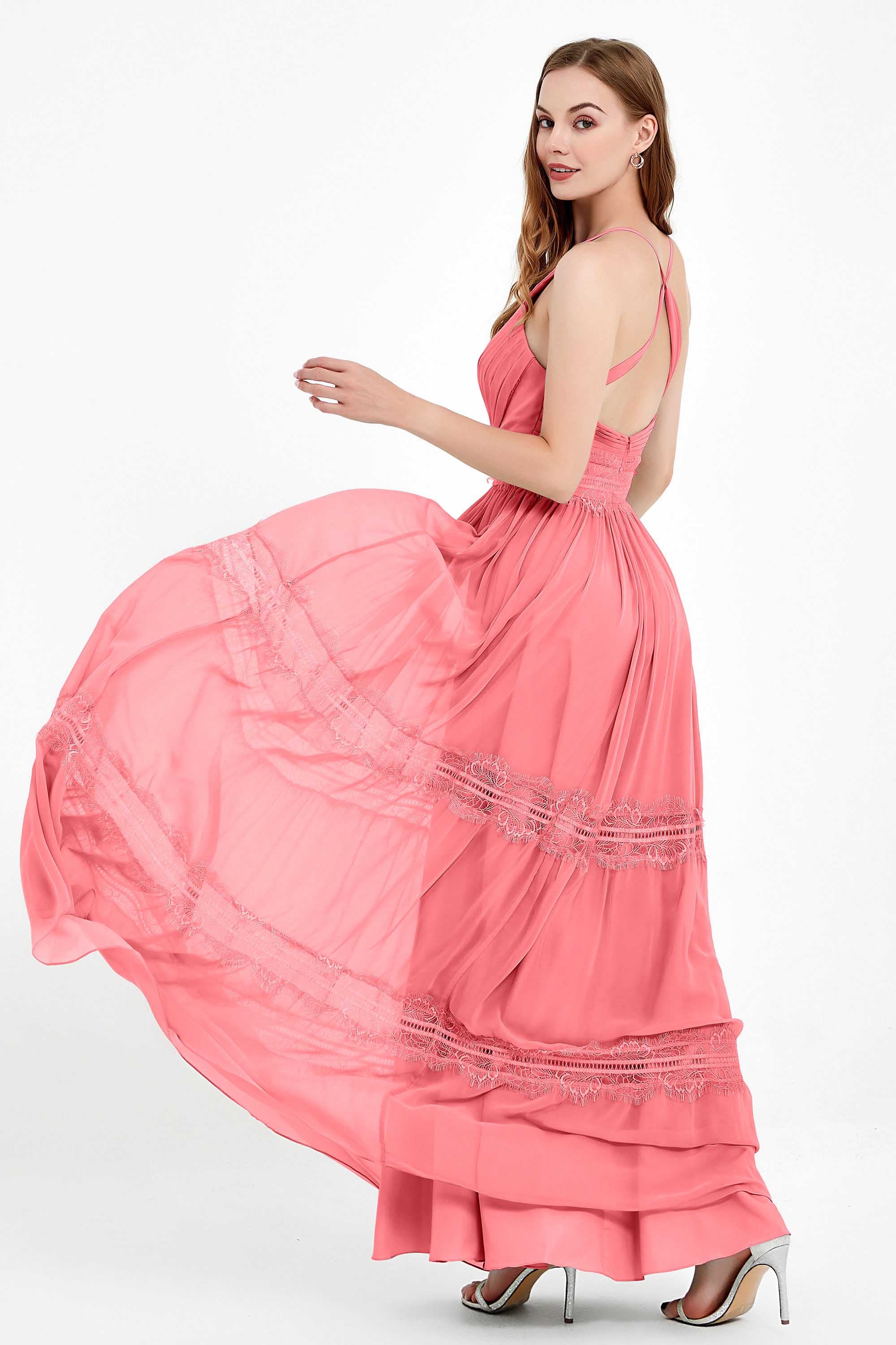 Spaghetti Straps V Neckline Chiffon Lace Bridesmaid Dresses Women's Formal Evening Gowns