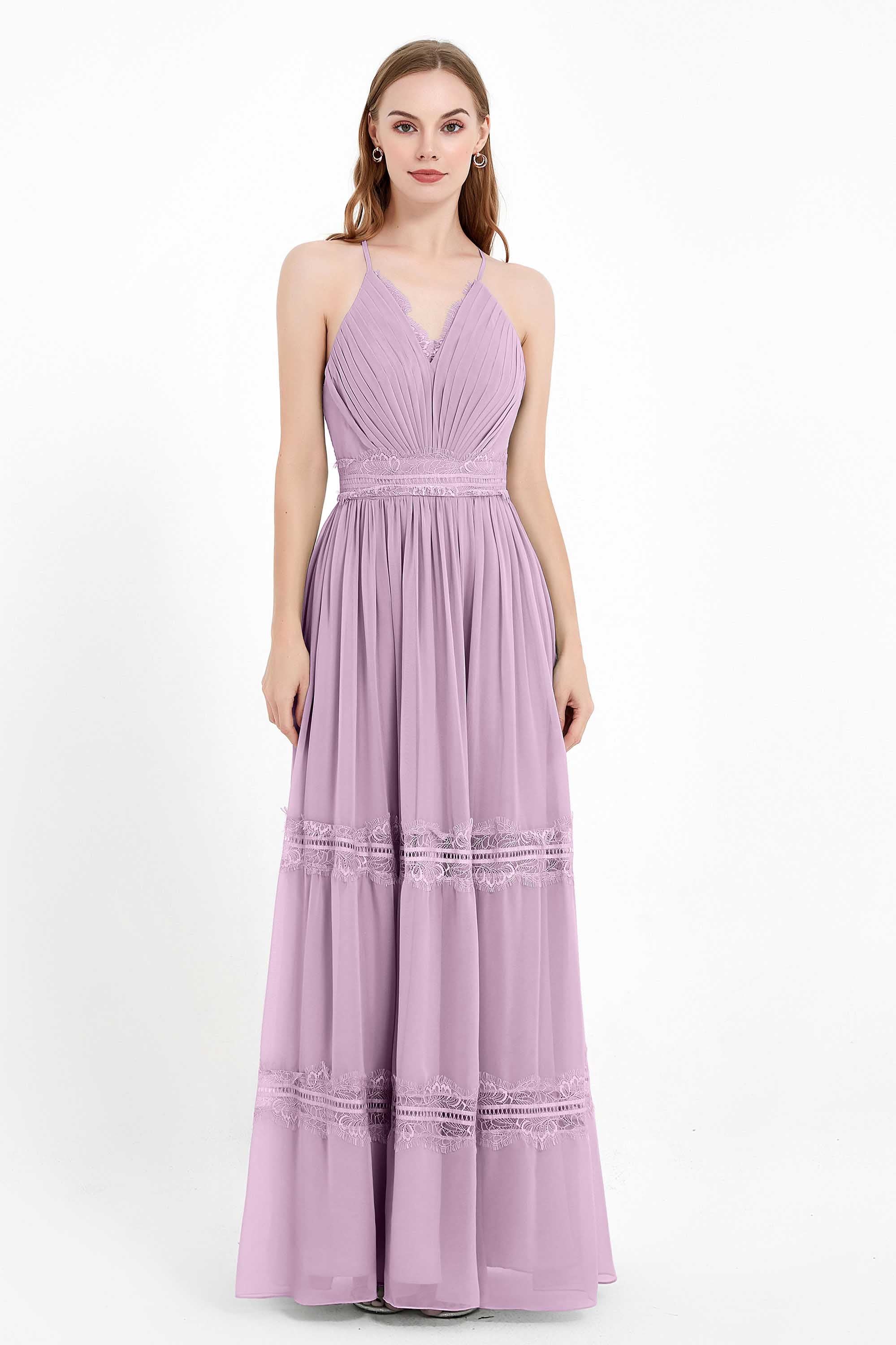 Spaghetti Straps V Neckline Chiffon Lace Bridesmaid Dresses Women's Formal Evening Gowns