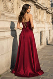 A Line Black Strapless Satin Prom Dresses With Slit