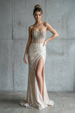 Strapless Mermaid Long Sequins Prom Dress With Split