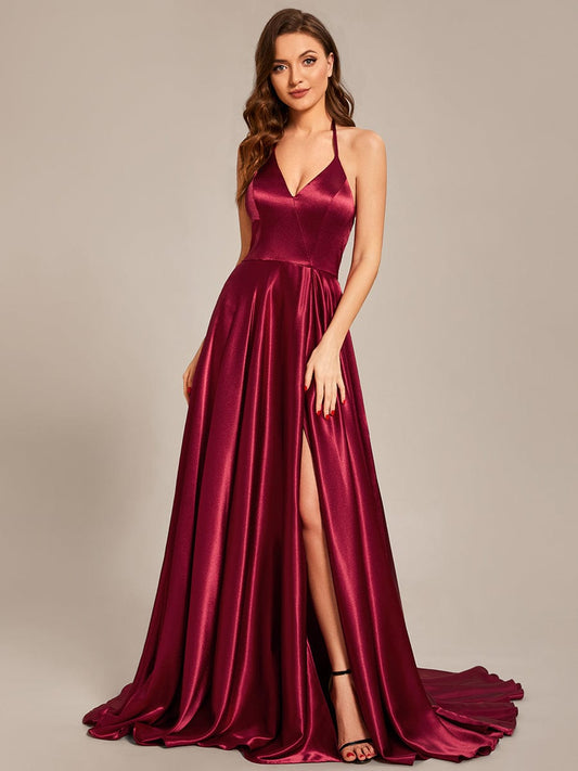 Benutzerdefinierte Größe Neckholder High Front Slit Bodenlangen Ballkleid Formale Abendkleider