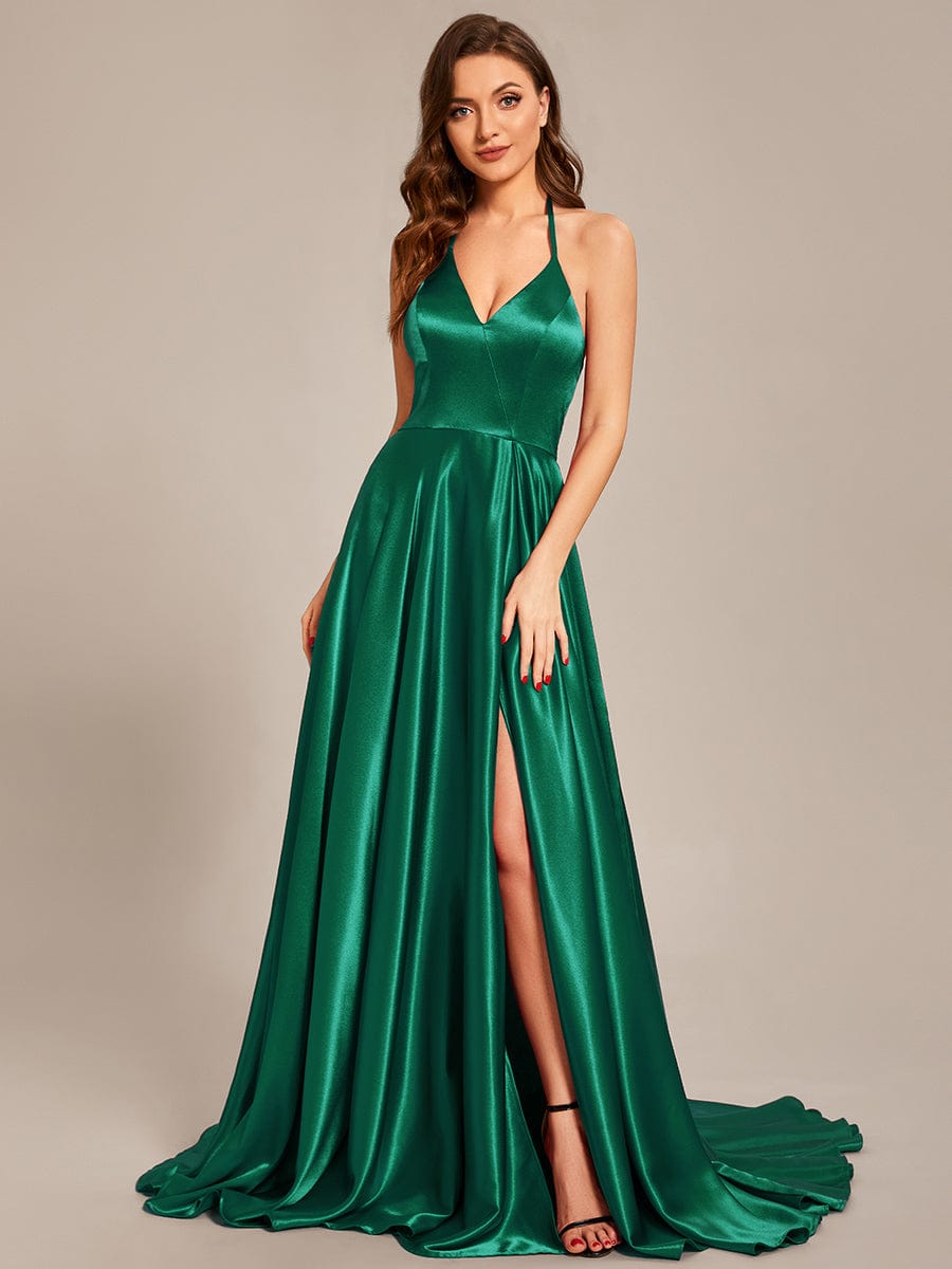 Benutzerdefinierte Größe Neckholder High Front Slit Bodenlangen Ballkleid Formale Abendkleider