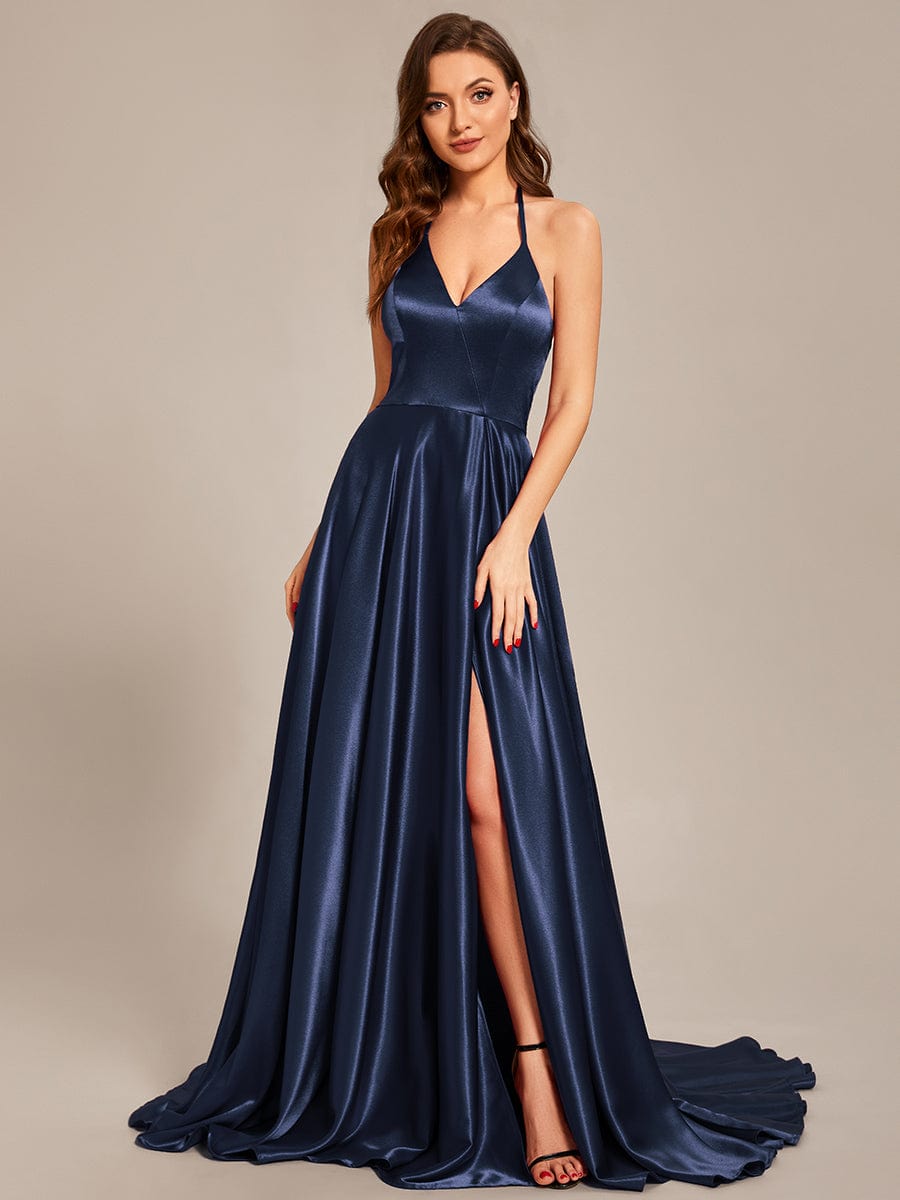 Benutzerdefinierte Größe Neckholder High Front Slit Bodenlangen Ballkleid Formale Abendkleider