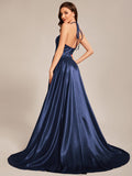 Benutzerdefinierte Größe Neckholder High Front Slit Bodenlangen Ballkleid Formale Abendkleider