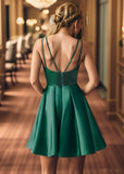 Pleated Satin A-Line Double Spaghetti Strap V-Neck Homecoming Dress Junior Bridesmaid Dresses Party Gowns