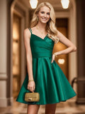 Pleated Satin A-Line Double Spaghetti Strap V-Neck Homecoming Dress Junior Bridesmaid Dresses Party Gowns