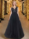 Elegantes, ärmelloses A-Linien-Ballkleid mit tiefem V-Ausschnitt, Pailletten und Tüll mit Schleife in der Taille