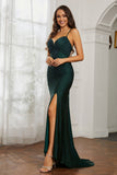 Rhinestone Lace Up Sheath Jersey Formal Evening Mermaid Dress With Slit Prom Party Dress